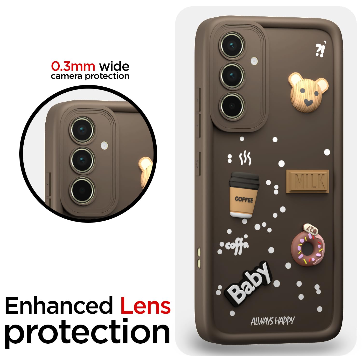 Pikkme Samsung Galaxy A55 5G Cute Fun Cartoon 3D Bear Coffee Back Cover (Brown)
