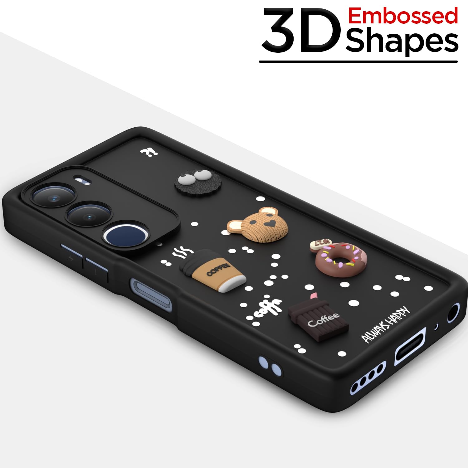 Pikkme Vivo Y29 5G / Vivo Y19s 5G Cute Fun Cartoon 3D Bear Coffee Back Cover (Black)