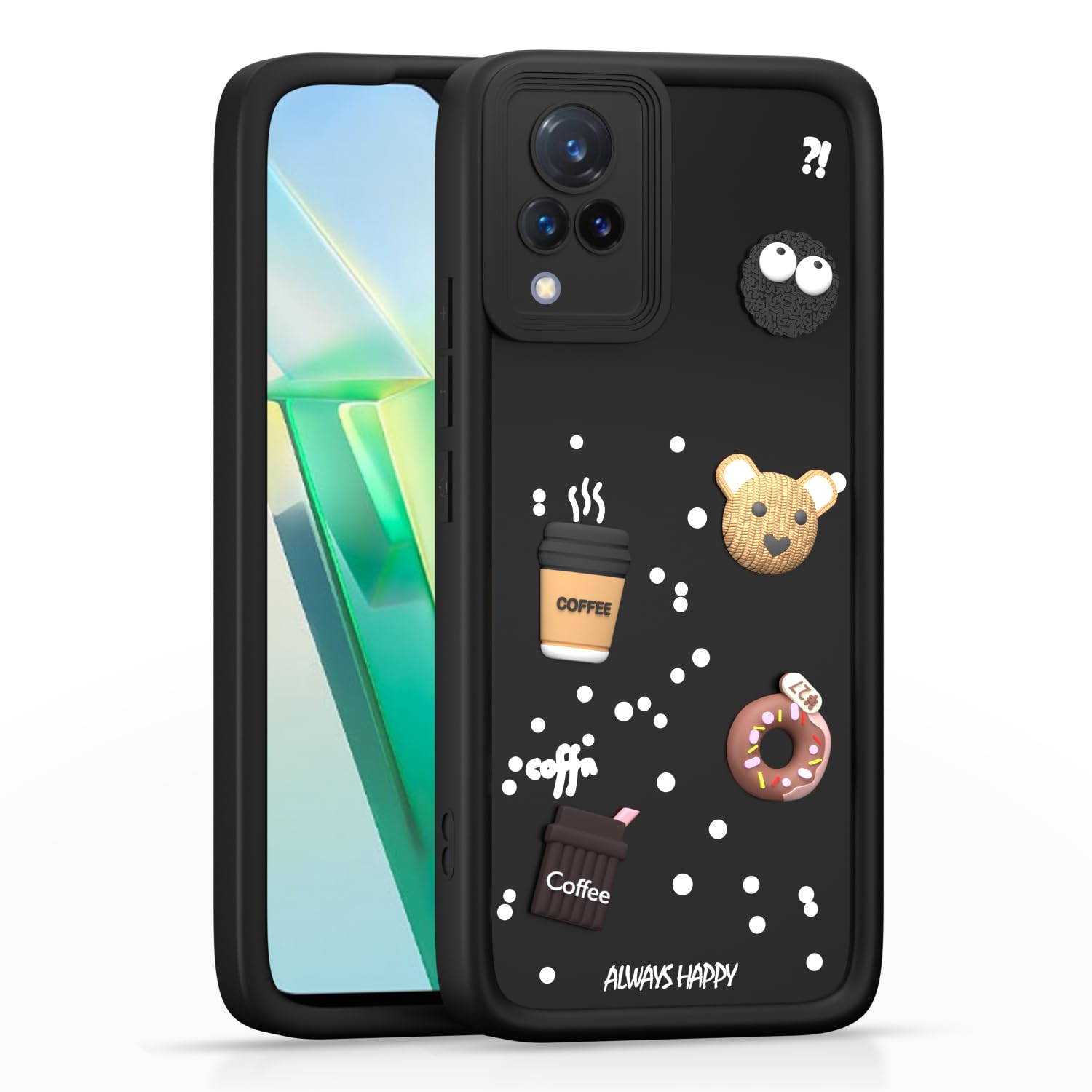 Pikkme Vivo V21 5G Cute Fun Cartoon 3D Bear Coffee Back Cover (Black)
