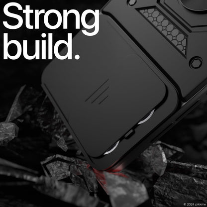 Pikkme Oppo Reno 13 5G Sliding Camera Shield & Stand D10 Tough Armor Back Cover (Black)