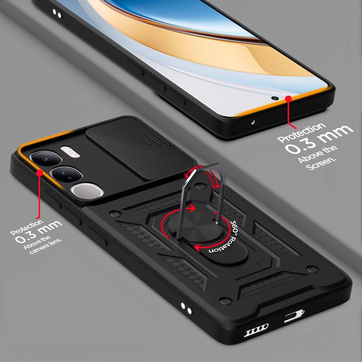 Pikkme Vivo Y300 5G / Vivo V40 Lite 5G Sliding Camera Shield & Stand D10 Tough Armor Back Cover (Black)