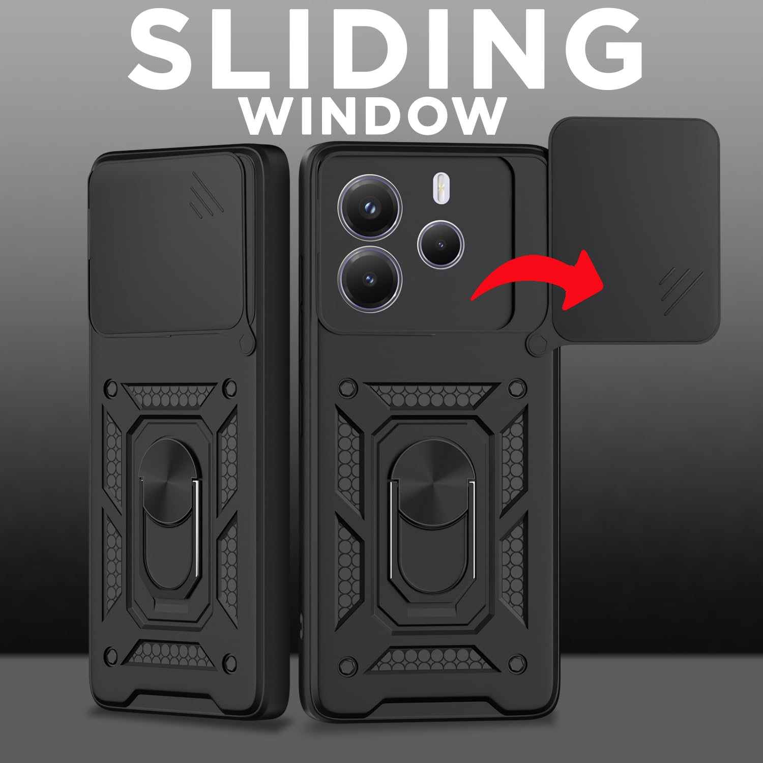 Pikkme Redmi Note 14 5G Sliding Camera Shield & Stand D10 Tough Armor Back Cover (Black)