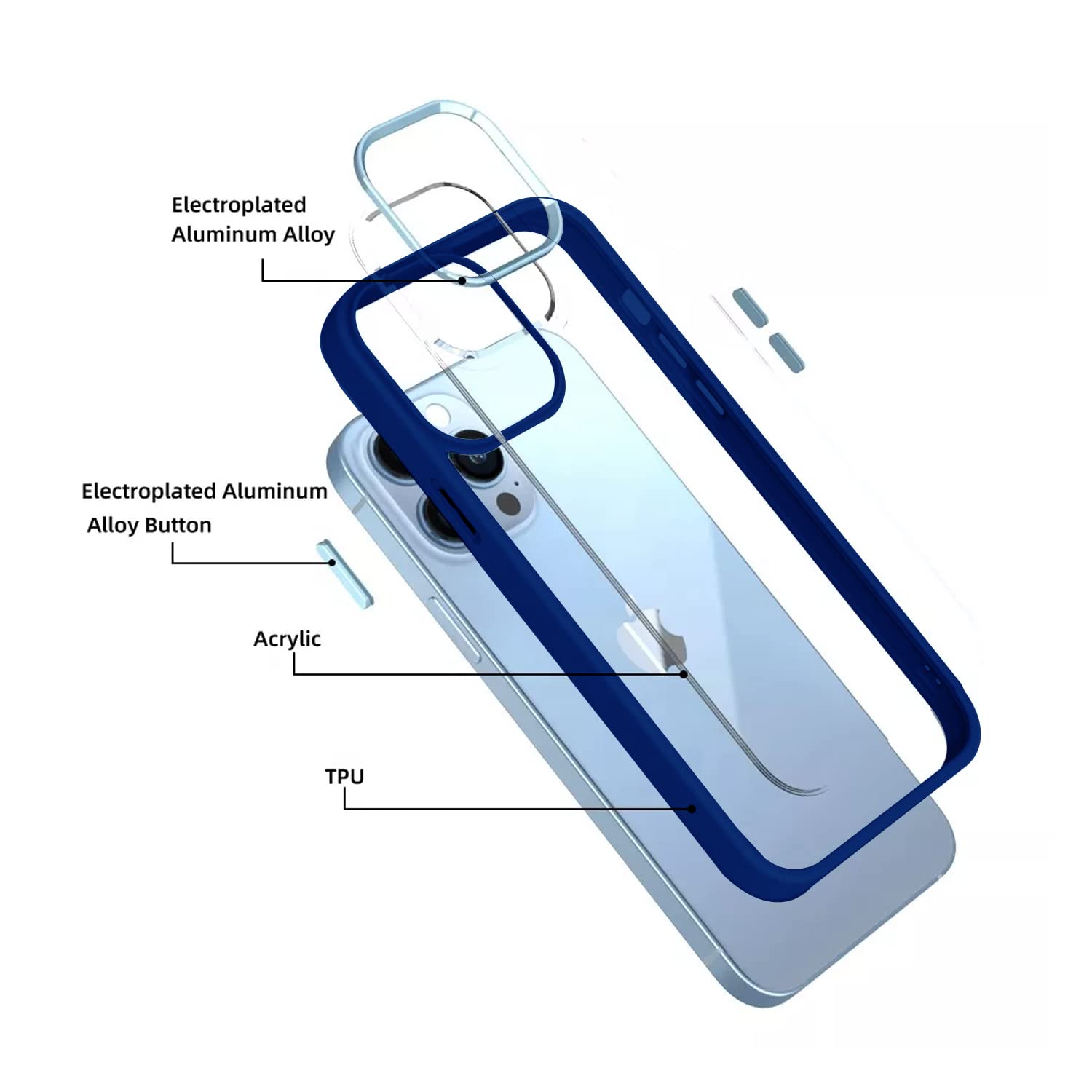 Pikkme iPhone 13 Pro Max Electroplated Crome Metal Ring Back Cover (Dark Blue)