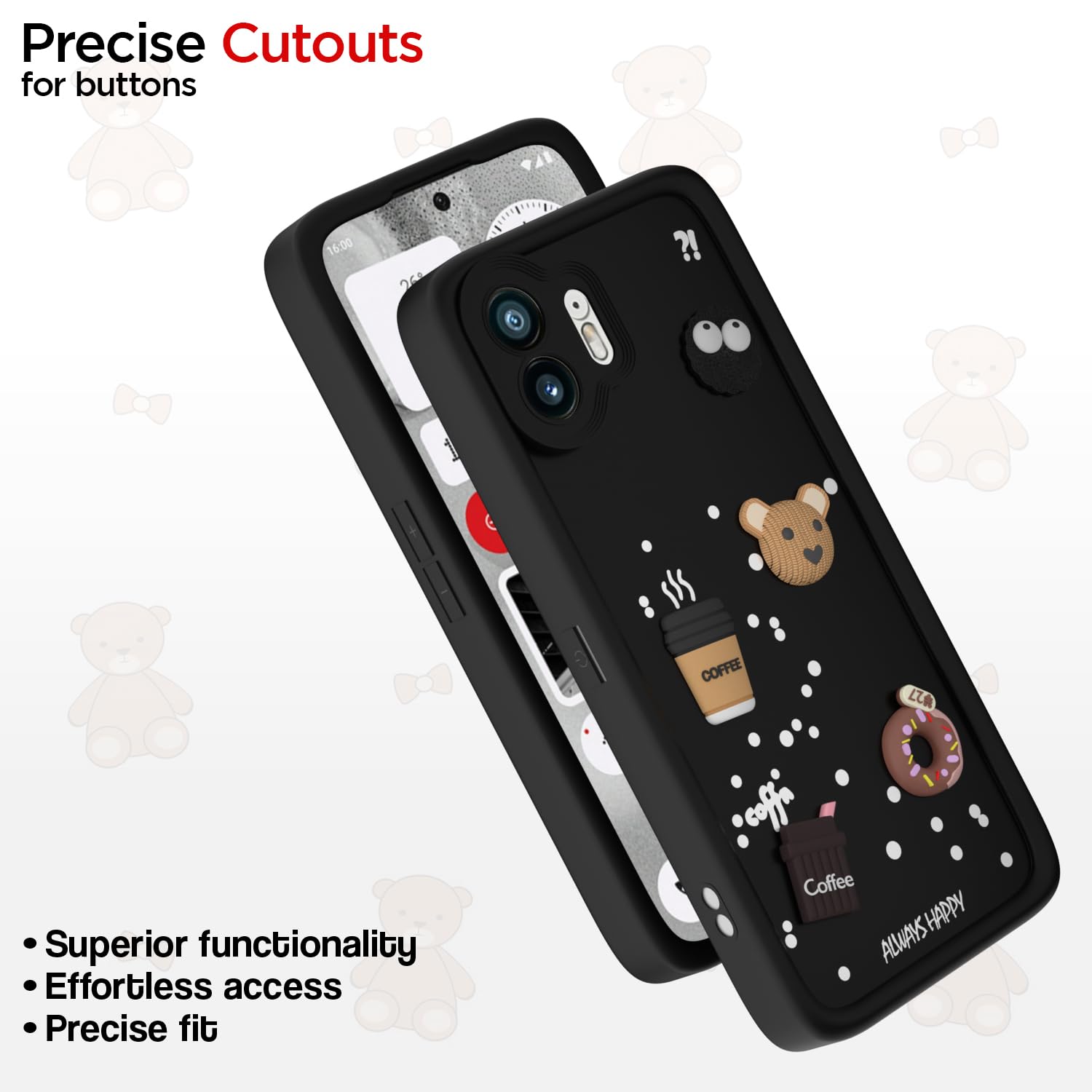 Pikkme Nothing Phone 2 Cute Fun Cartoon 3D Bear Coffee Back Cover (Black)
