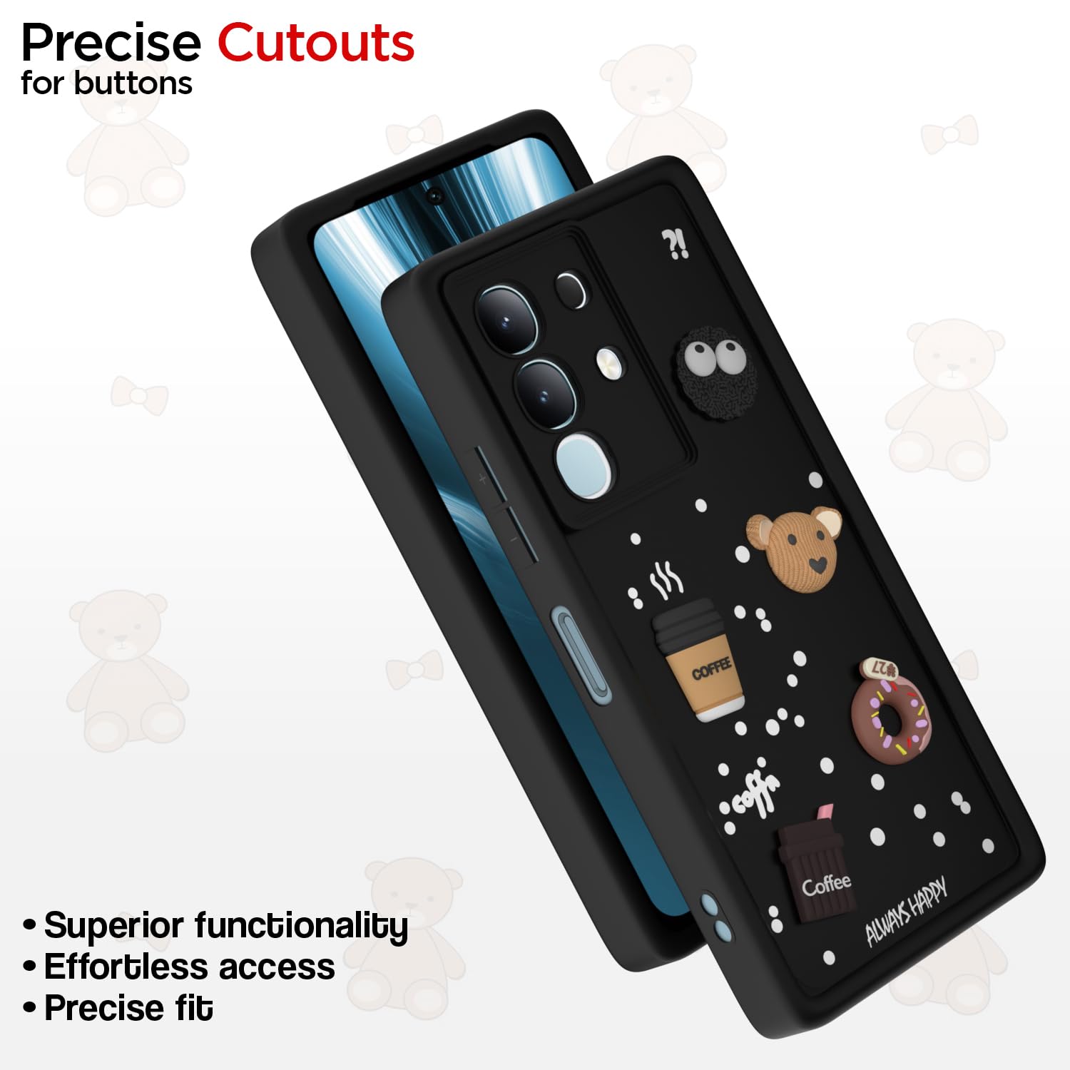Pikkme Vivo T4x 5G / iQoo Z10x 5G Cute Fun Cartoon 3D Bear Coffee Back Cover (Black)