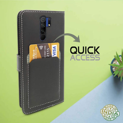 Pikkme Redmi 9 Prime / Poco M2 Wallet Style Inbuilt Pockets & Stand | Strong Magnetic Flip Cover (Grey)