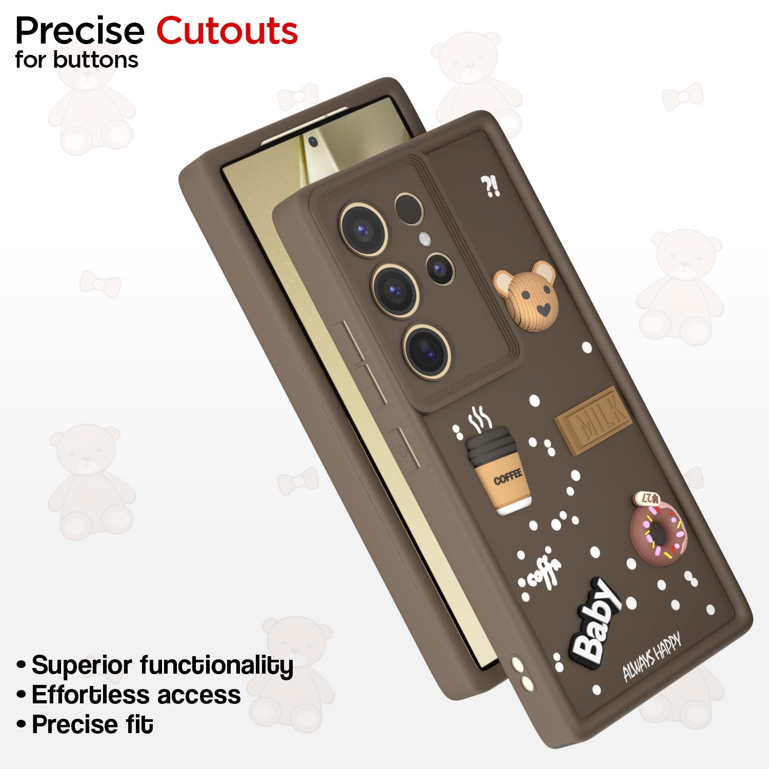 Pikkme Samsung Galaxy S24 Ultra 5G Cute Fun Cartoon 3D Bear Coffee Back Cover (Brown)