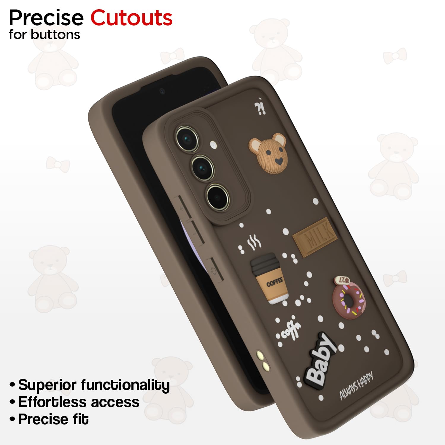 Pikkme Samsung Galaxy A55 5G Cute Fun Cartoon 3D Bear Coffee Back Cover (Brown)