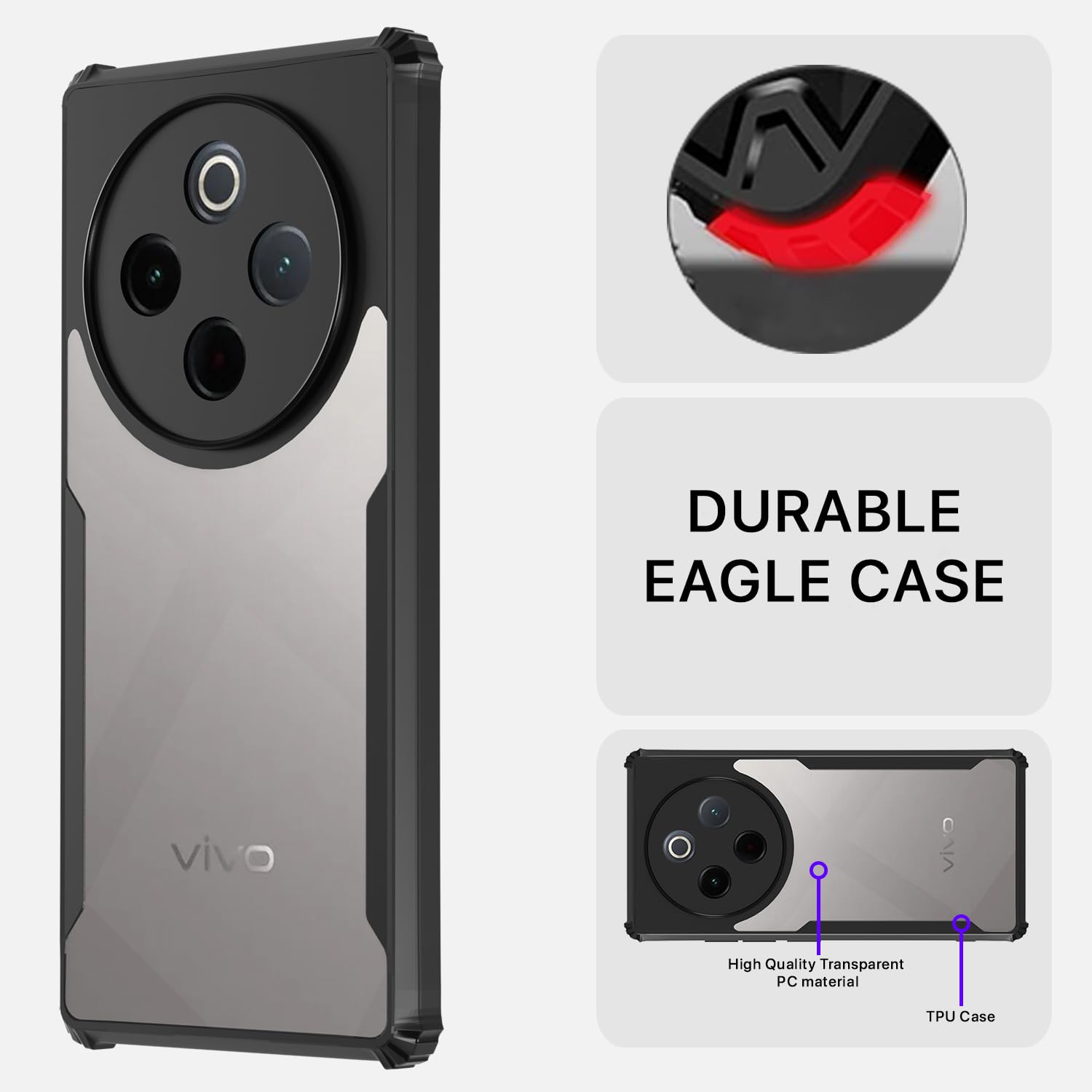 Pikkme Vivo Y300 Pro 5G Eagle Crystal Clear Transparent Back Cover (Black)