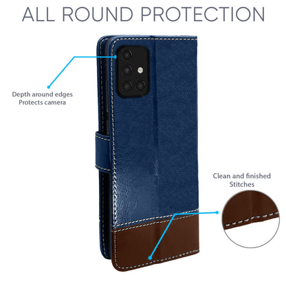 Pikkme Samsung Galaxy A71 Contrast Premium Leather Magnetic Flip Cover  (Blue & Brown)
