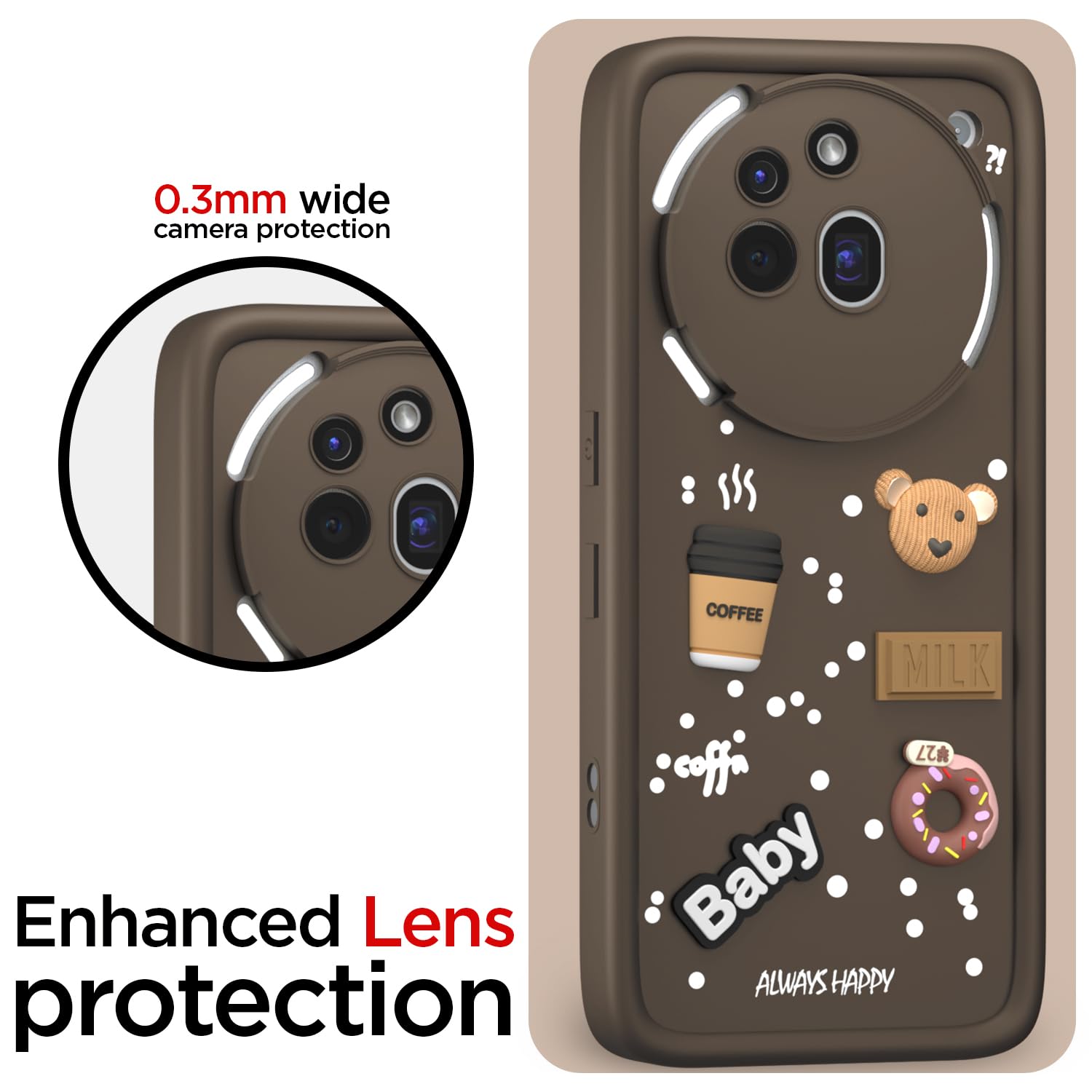 Pikkme Nothing Phone 3a Pro 5G Cute Fun Cartoon 3D Bear Coffee Back Cover (Brown)