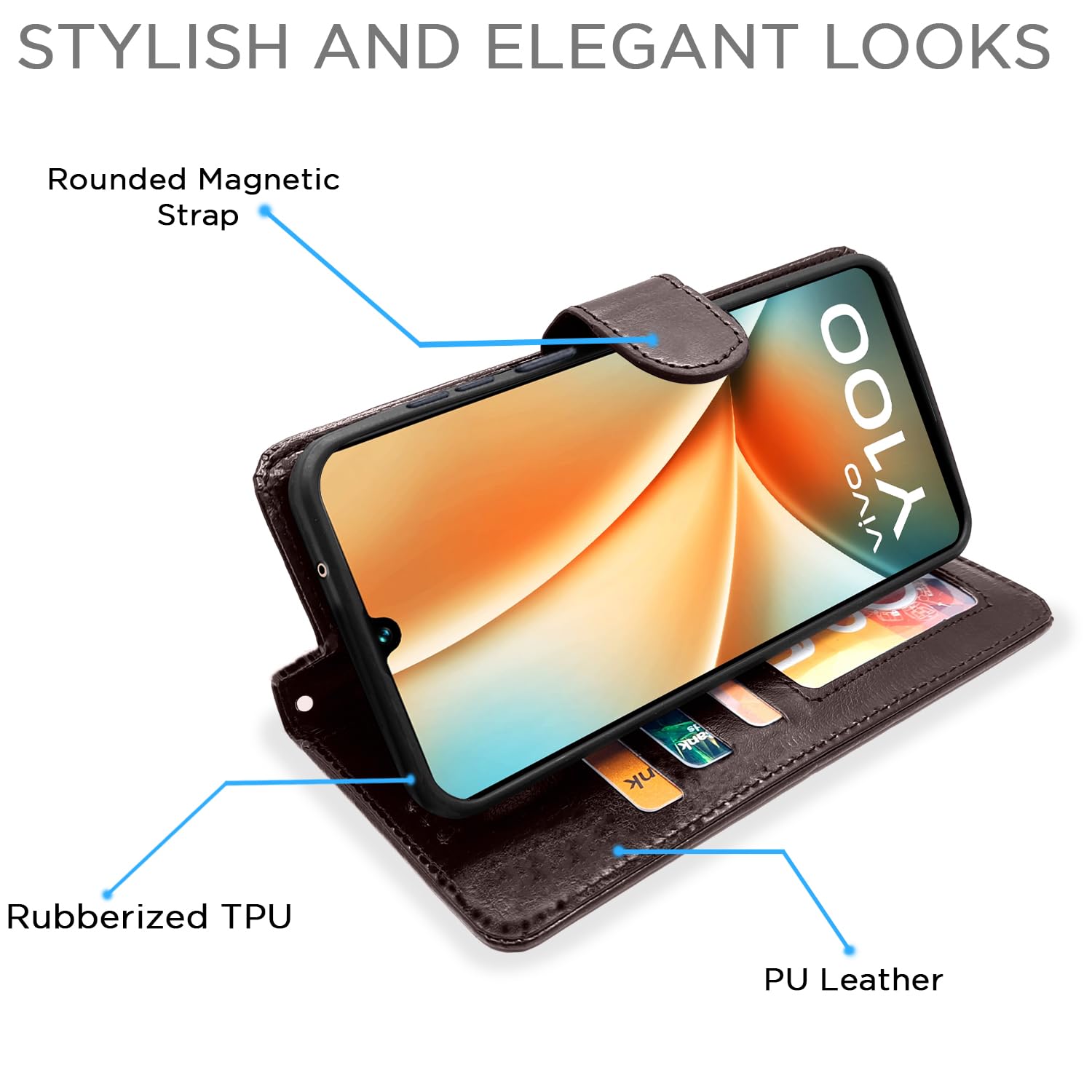 Vivo Y100 5G Wallet mobile flip cover in coffee by Pikkme – photo 3