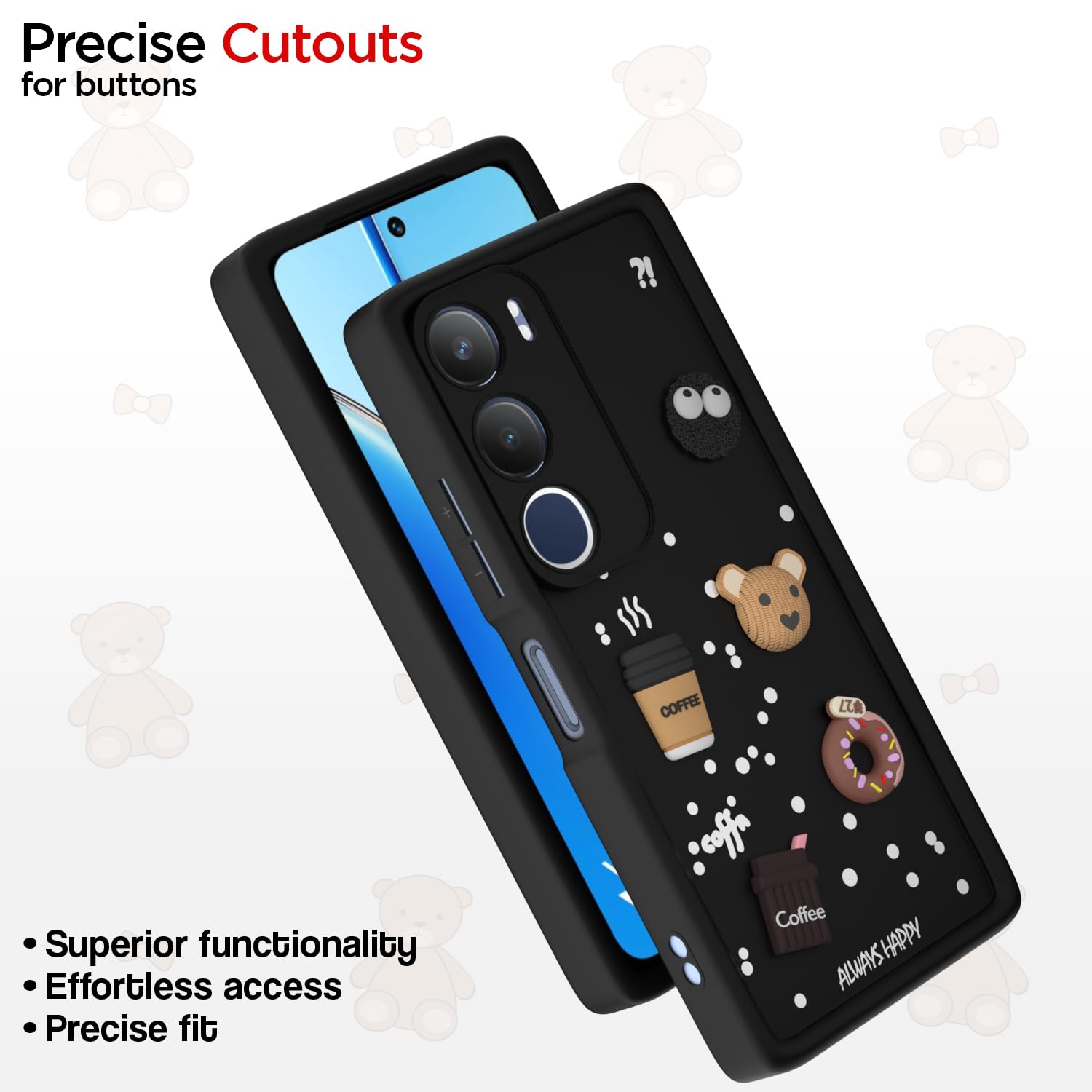 Pikkme Vivo Y29 5G / Vivo Y19s 5G Cute Fun Cartoon 3D Bear Coffee Back Cover (Black)