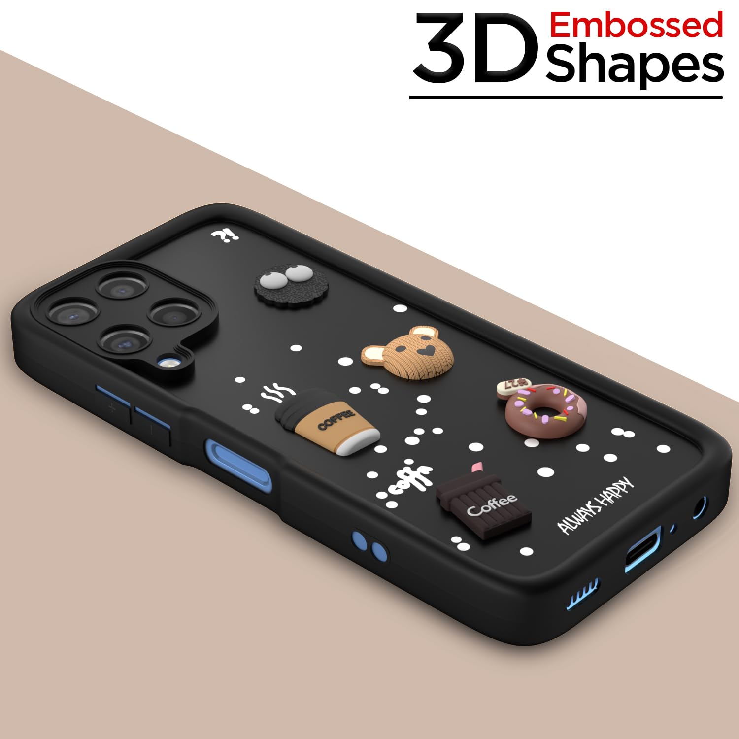 Pikkme Samsung Galaxy M12 / F12 / A12 Cute Fun Cartoon 3D Bear Coffee Back Cover (Black)