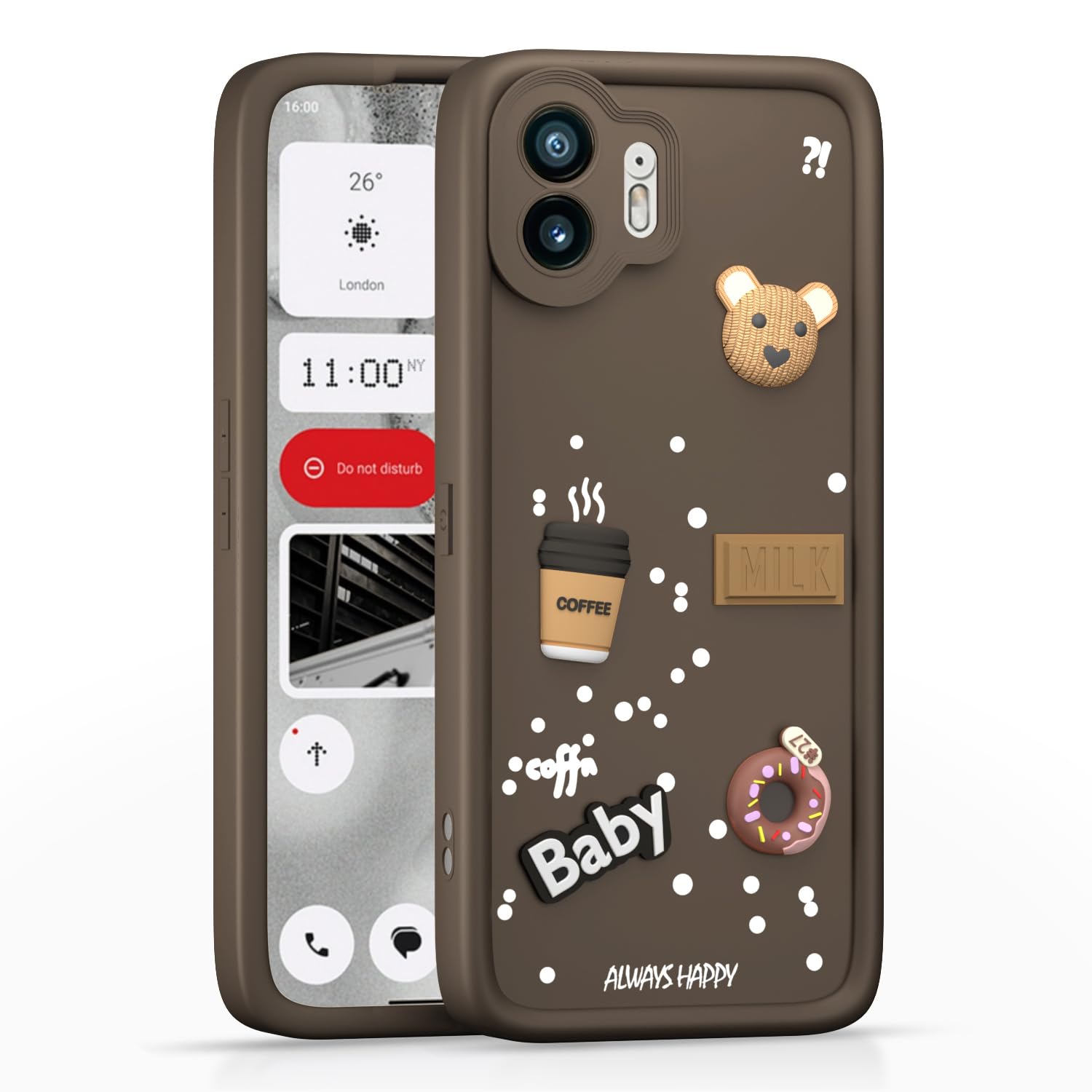 Pikkme Nothing Phone 2 Cute Fun Cartoon 3D Bear Coffee Back Cover (Brown)