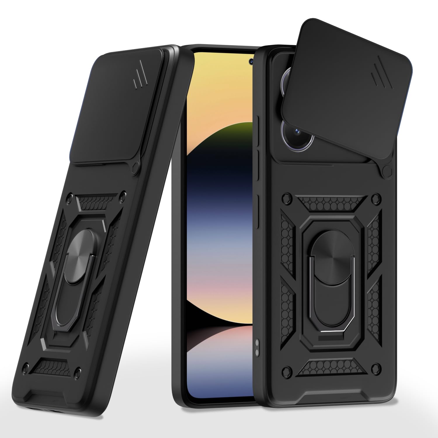 Pikkme Redmi Note 14 5G Sliding Camera Shield & Stand D10 Tough Armor Back Cover (Black)