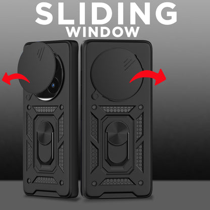 Pikkme Redmi Note 14 Pro Plus 5G Sliding Camera Shield & Stand D10 Tough Armor Back Cover (Black)