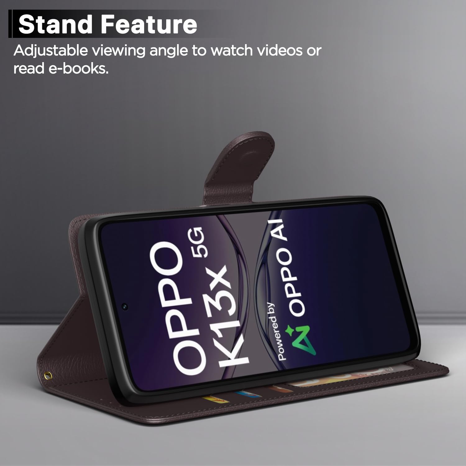Pikkme Oppo K13x 5G Premium Leather Finish Vintage Flip Cover (Coffee)