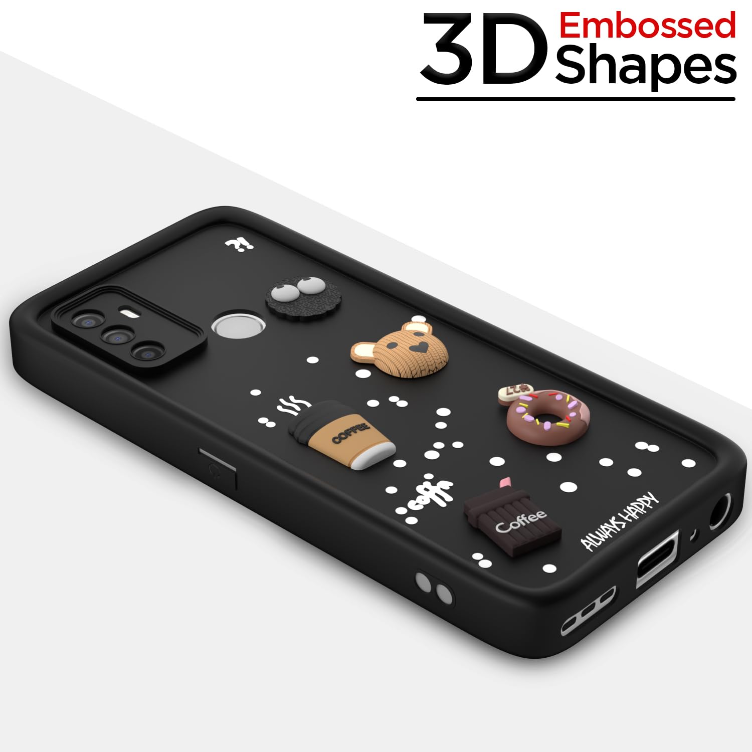 Pikkme Oppo A53 Cute Fun Cartoon 3D Bear Coffee Back Cover (Black)
