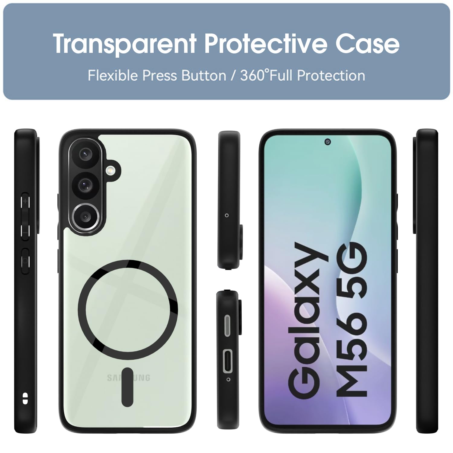 Pikkme Samsung Galaxy M56 5G Eagle 2 Mag-Safe Shockproof Hard Transparent Back Cover (Black)
