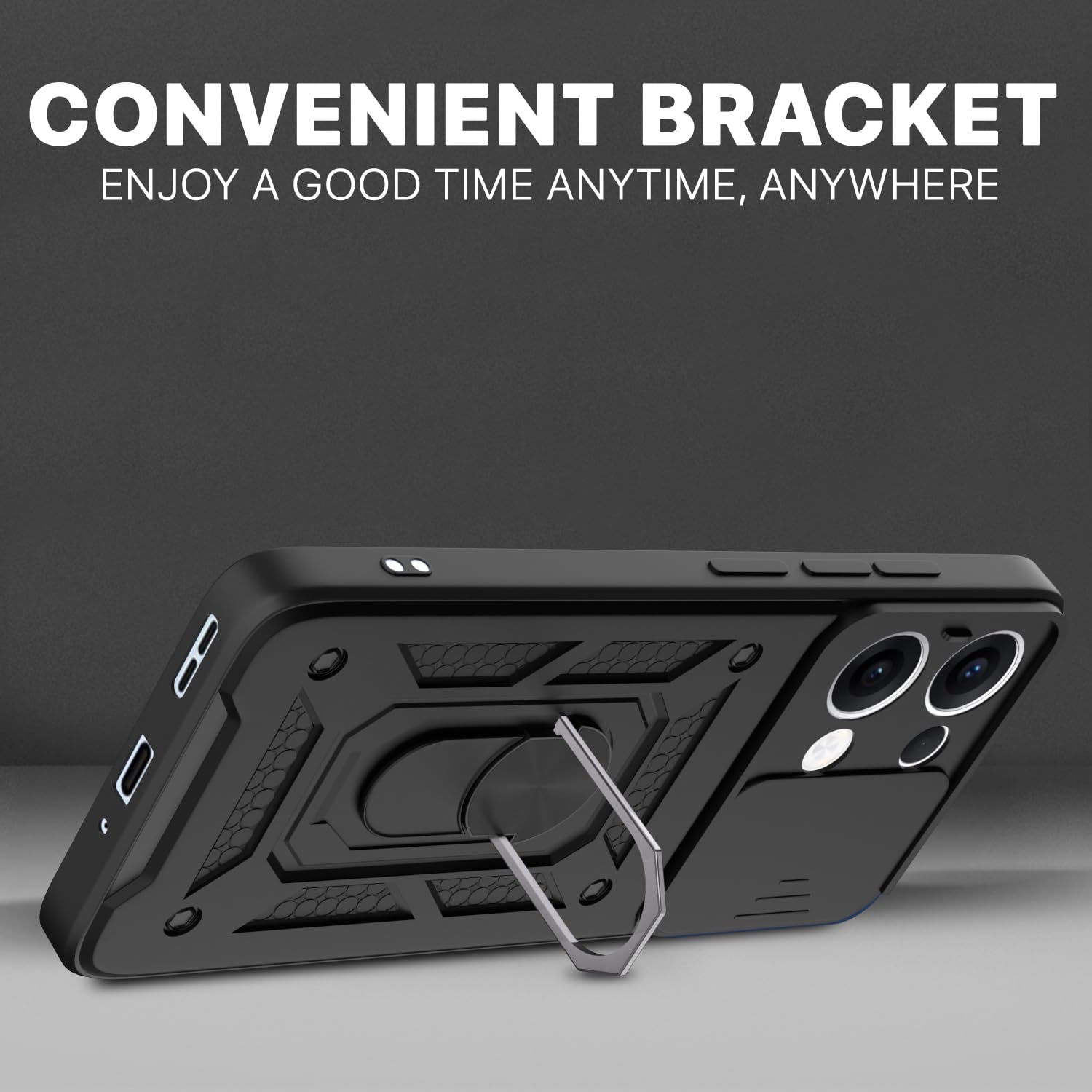 Pikkme Oppo Reno 13 5G Sliding Camera Shield & Stand D10 Tough Armor Back Cover (Black)