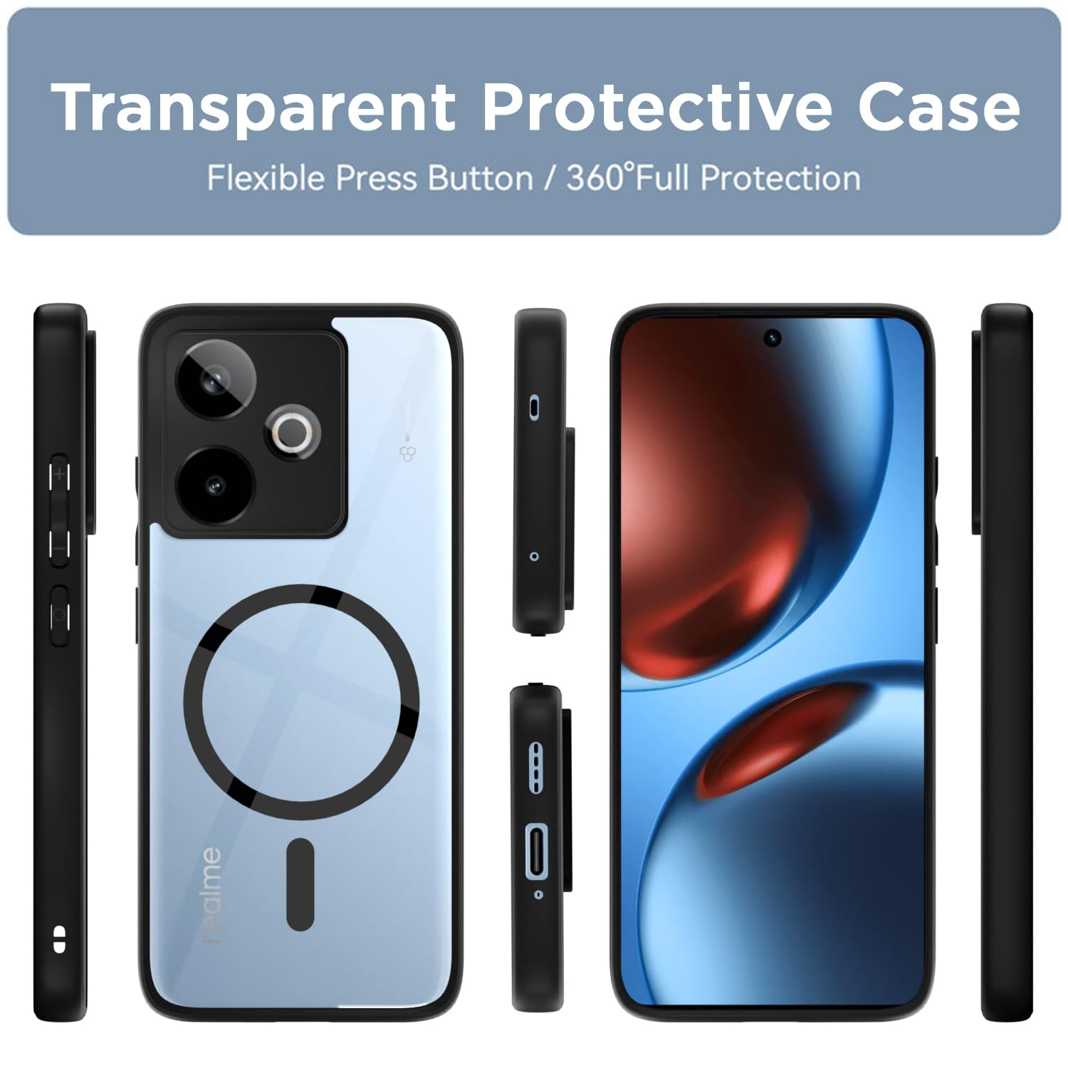 Pikkme Realme GT 7 5G / GT 7T 5G Eagle 2 Mag-Safe Shockproof Hard Transparent Back Cover (Black)