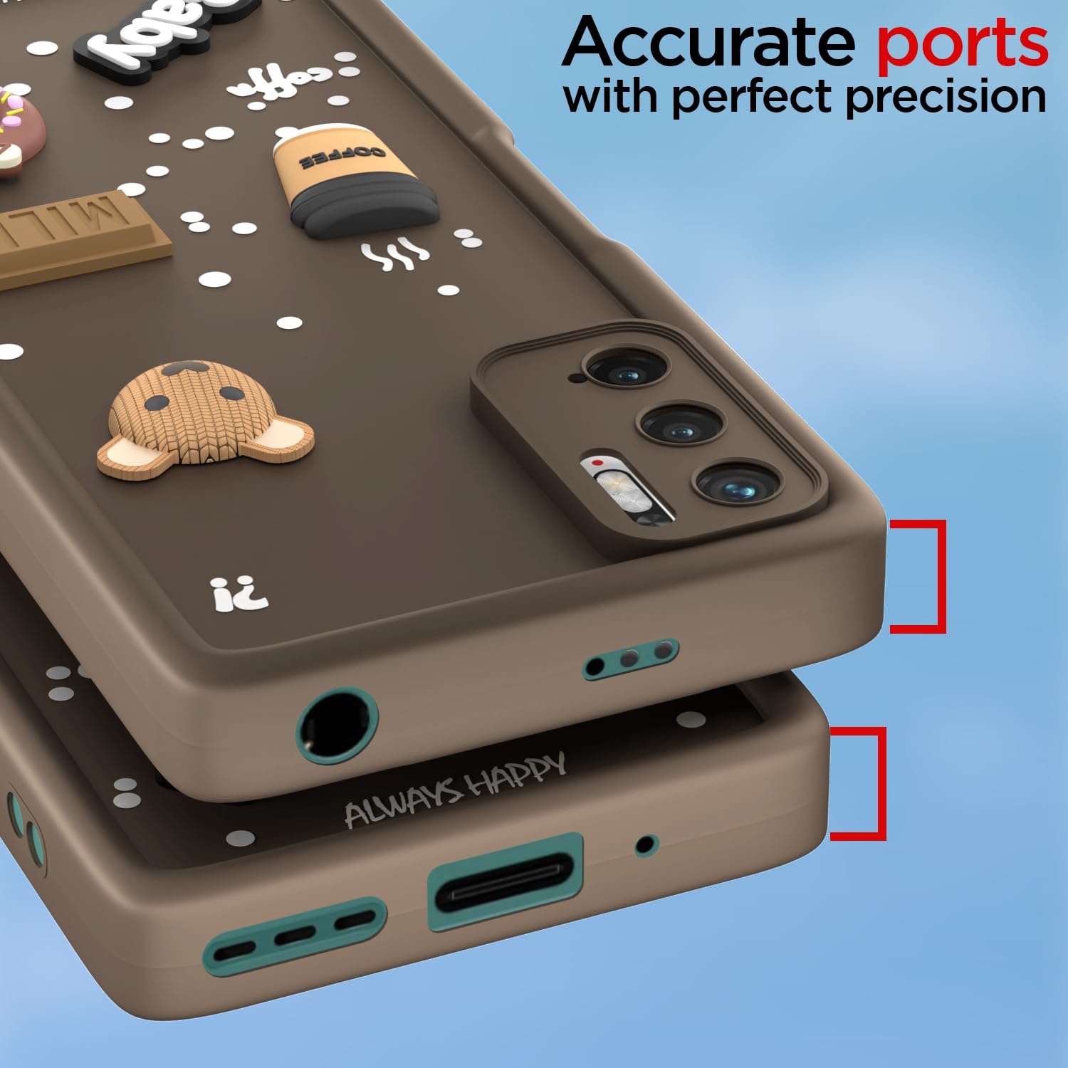 Pikkme Redmi Note 10T 5G / Poco M3 Pro 5G  Cute Fun Cartoon 3D Bear Coffee Back Cover (Brown)