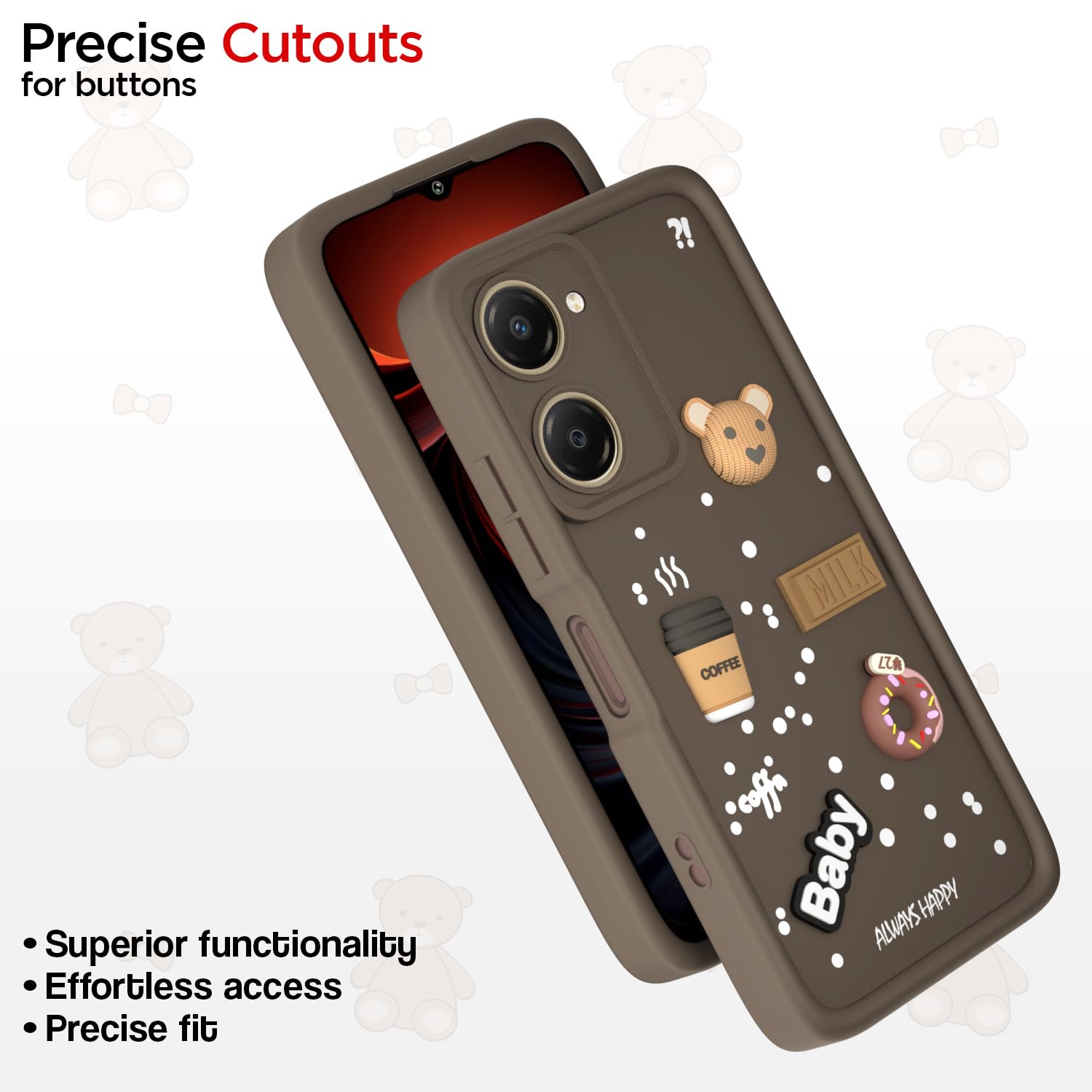 Pikkme iQOO Z9 Lite 5G / Vivo T3 Lite 5G / Vivo Y18 / Y18e / Y03  Cute Fun Cartoon 3D Bear Coffee Back Cover (Brown)