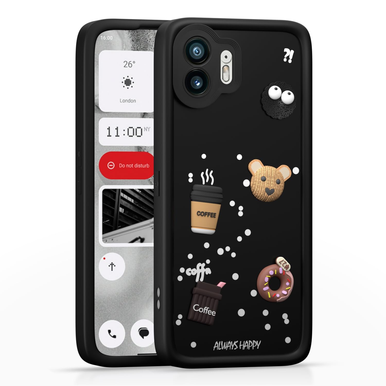 Pikkme Nothing Phone 2 Cute Fun Cartoon 3D Bear Coffee Back Cover (Black)