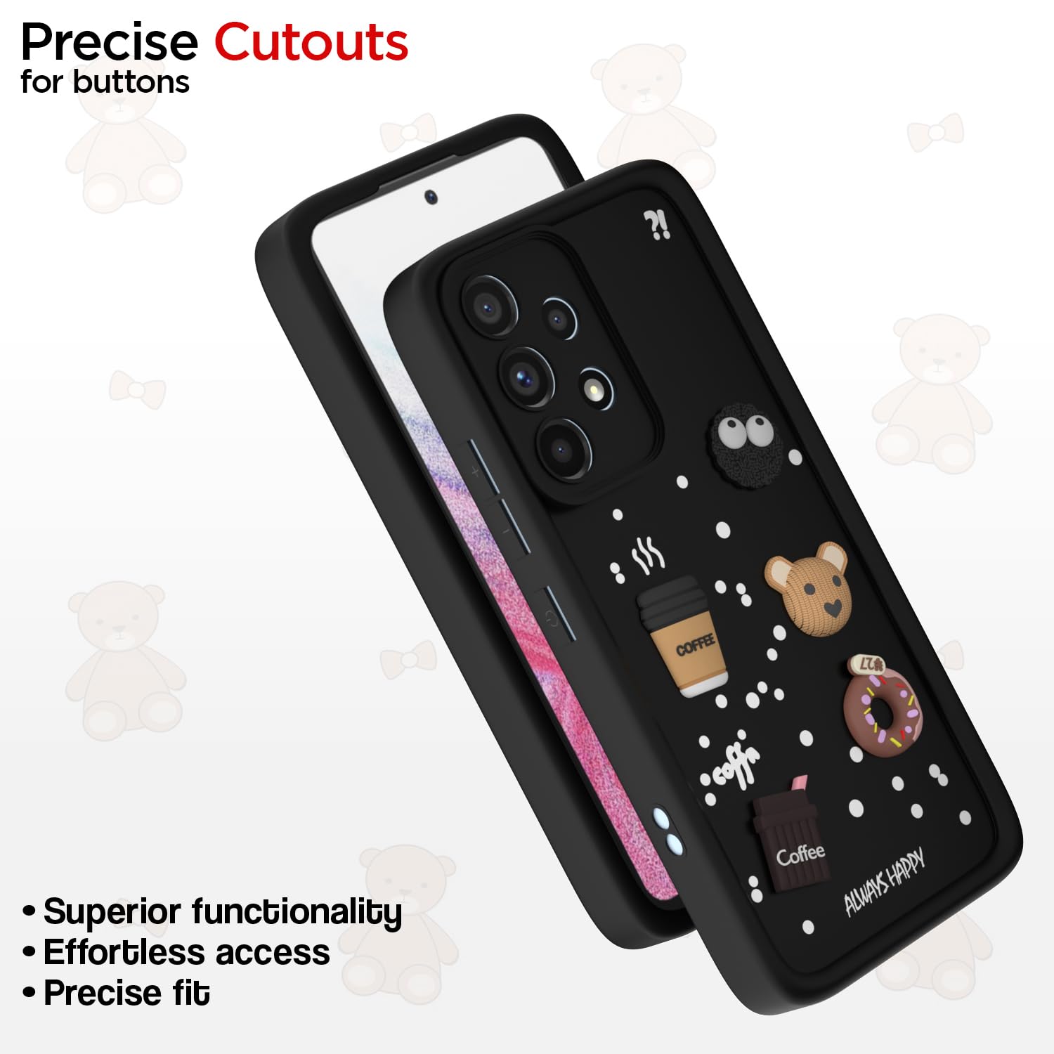 Pikkme Samsung Galaxy A53 5G Cute Fun Cartoon 3D Bear Coffee Back Cover (Black)