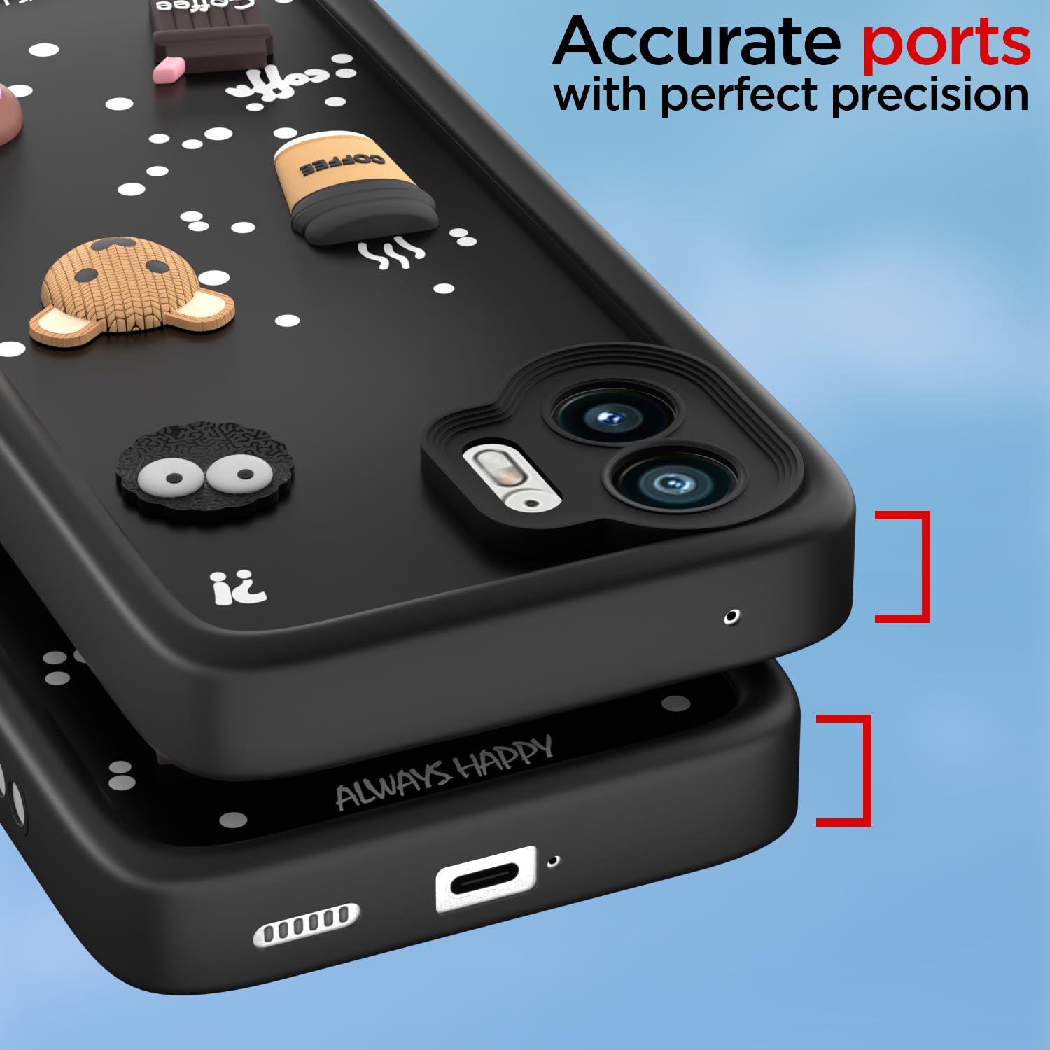 Pikkme Nothing Phone 2 Cute Fun Cartoon 3D Bear Coffee Back Cover (Black)