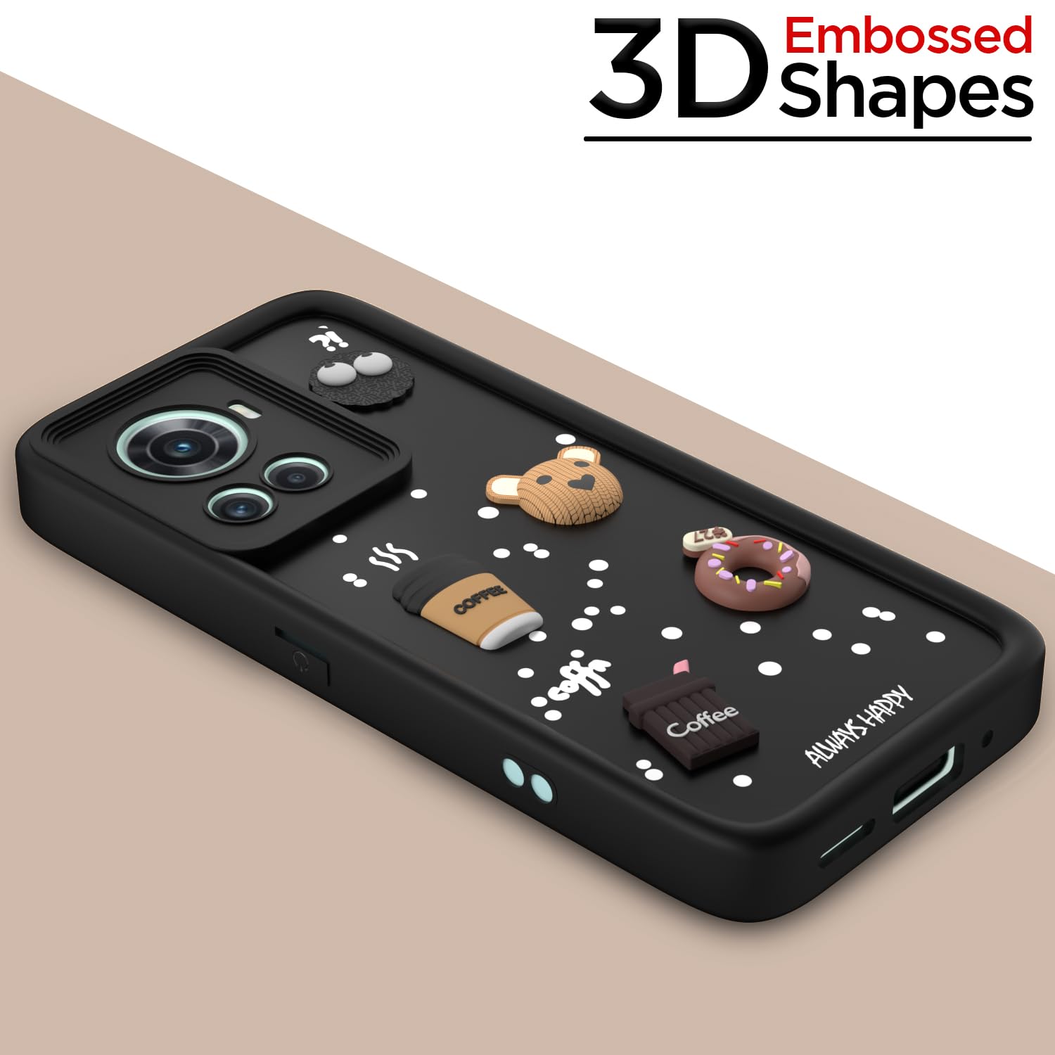 Pikkme OnePlus 10R 5G Cute Fun Cartoon 3D Bear Coffee Back Cover (Black)
