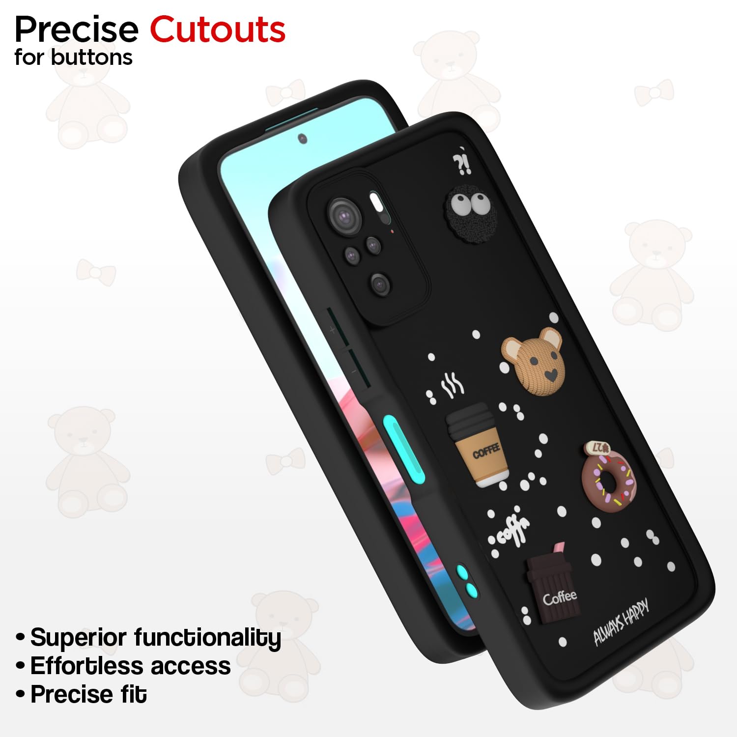 Pikkme Redmi Note 10 / Note 10s / Note 11 SE  Cute Fun Cartoon 3D Bear Coffee Back Cover (Black)