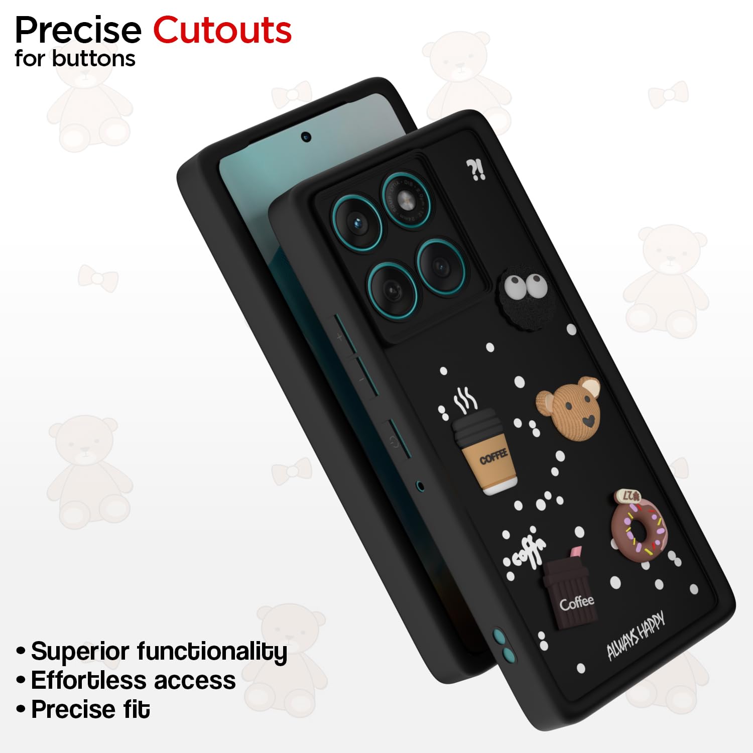 Pikkme Motorola Moto Edge 60 Fusion 5G Cute Fun Cartoon 3D Bear Coffee Back Cover (Black)