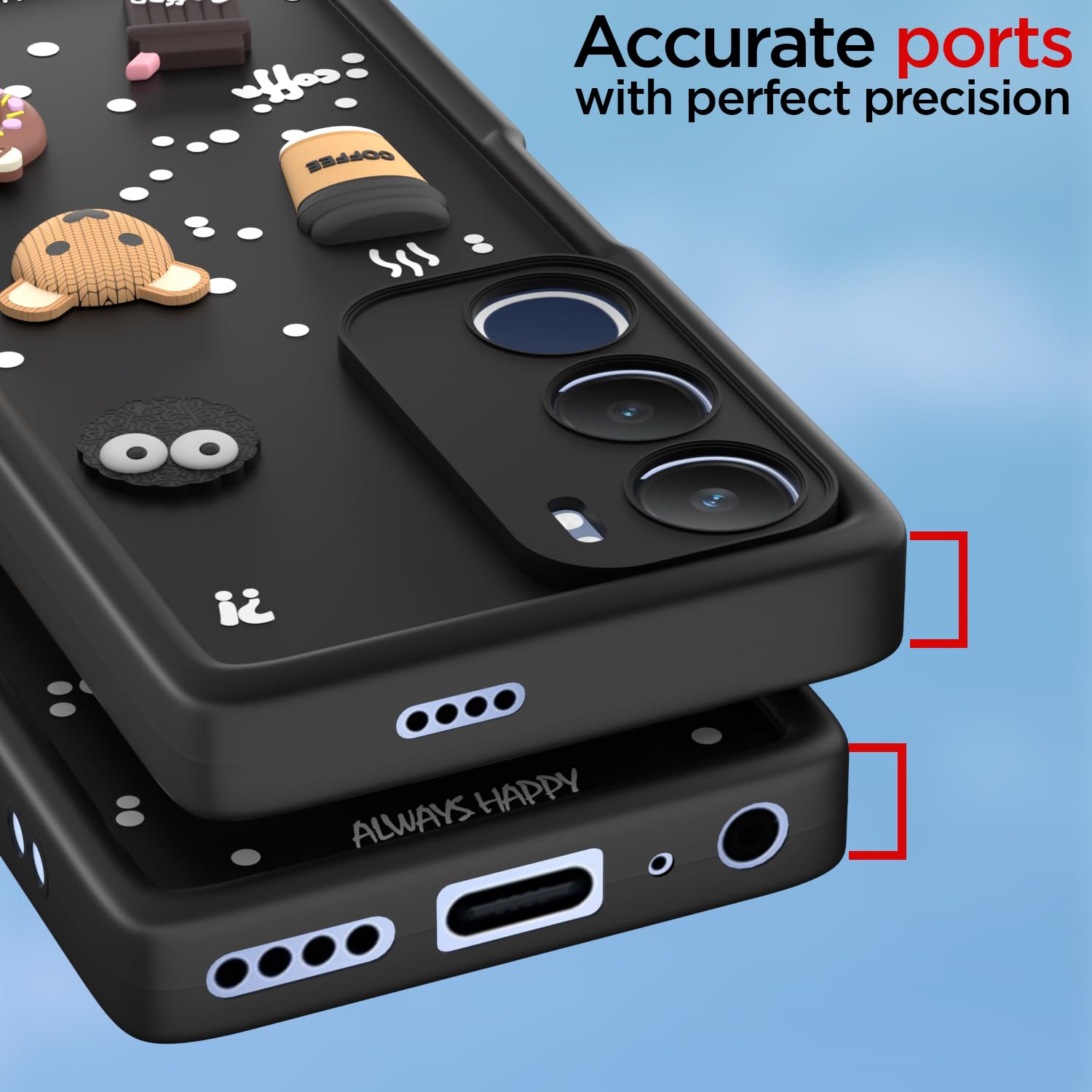 Pikkme Vivo Y29 5G / Vivo Y19s 5G Cute Fun Cartoon 3D Bear Coffee Back Cover (Black)