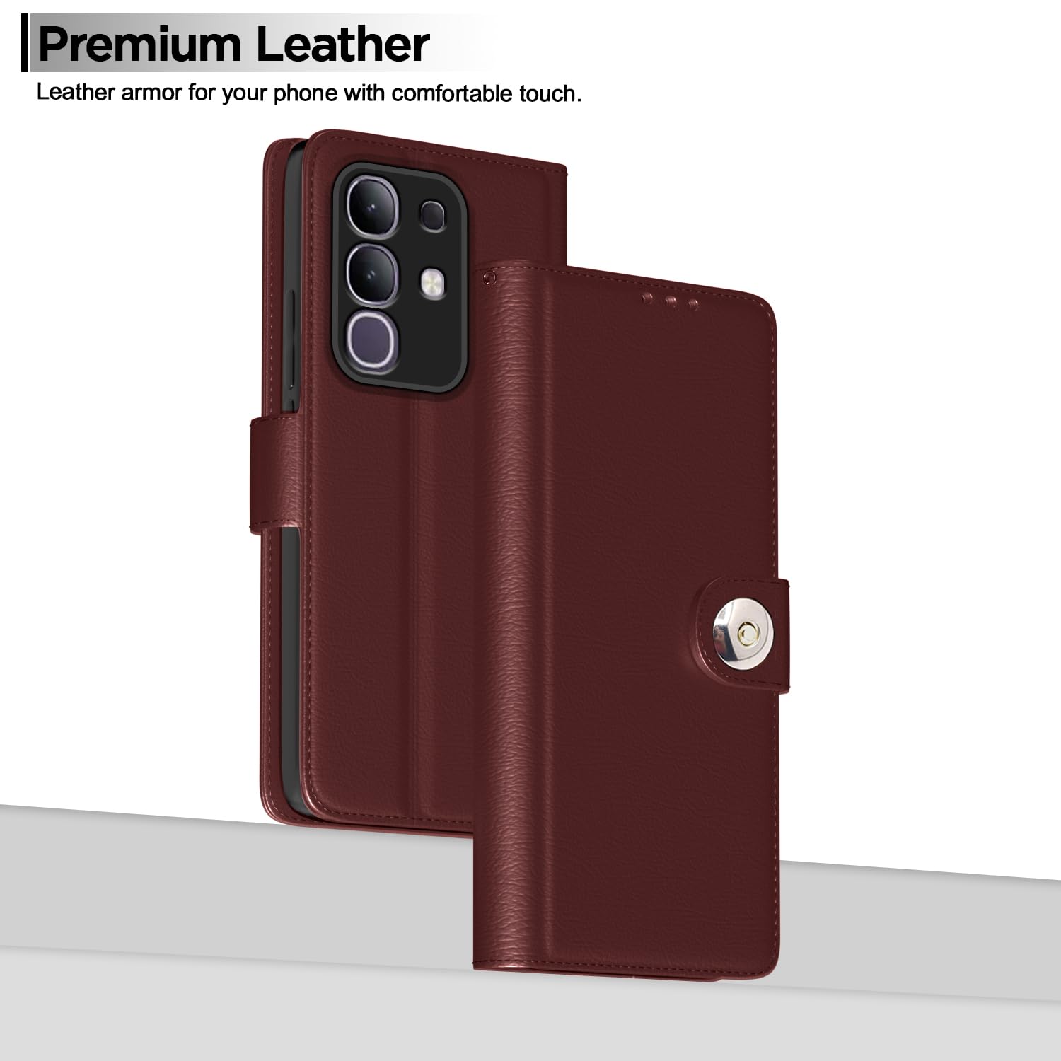 Vivo T4x/iQOO Z10x/Y31 Pro 5G Button wallet flip cover in brown by Pikkme – photo 2