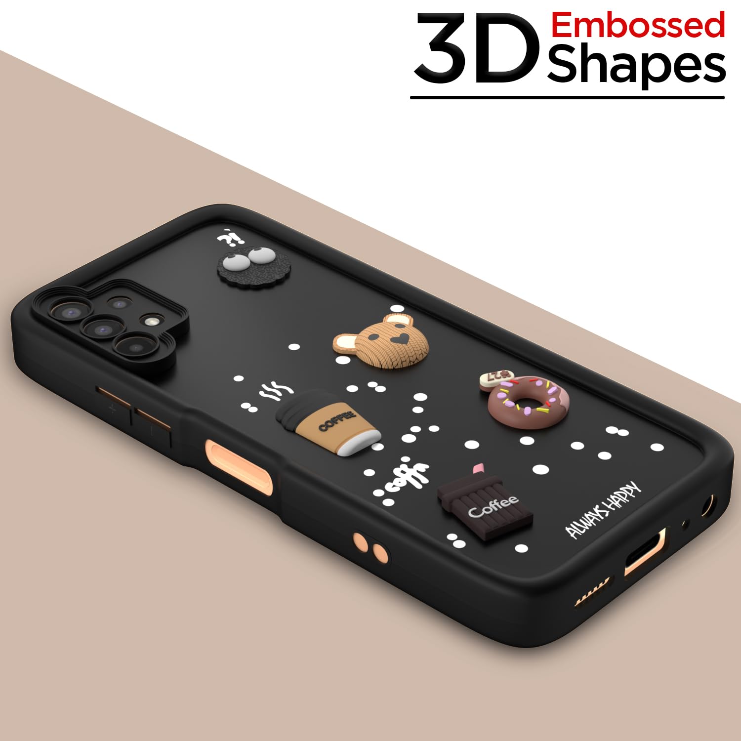 Pikkme Samsung Galaxy A13 4G / A13 5G Cute Fun Cartoon 3D Bear Coffee Back Cover (Black)