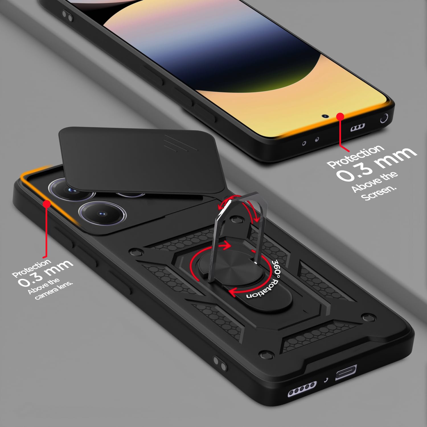 Pikkme Redmi Note 14 5G Sliding Camera Shield & Stand D10 Tough Armor Back Cover (Black)