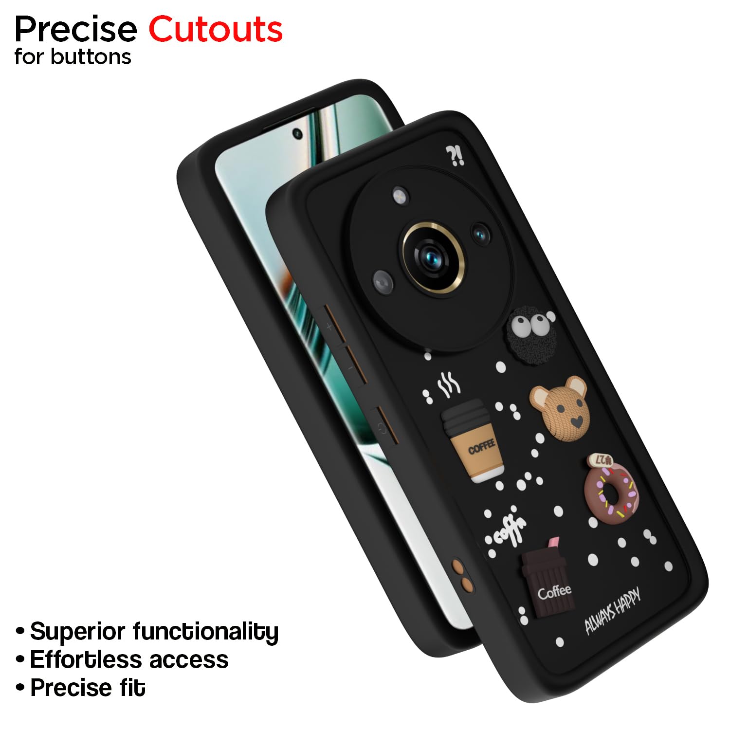 Pikkme Realme 11 Pro / 11 Pro Plus 5G / Narzo 60 Pro 5G Cute Fun Cartoon 3D Bear Coffee Back Cover (Black)