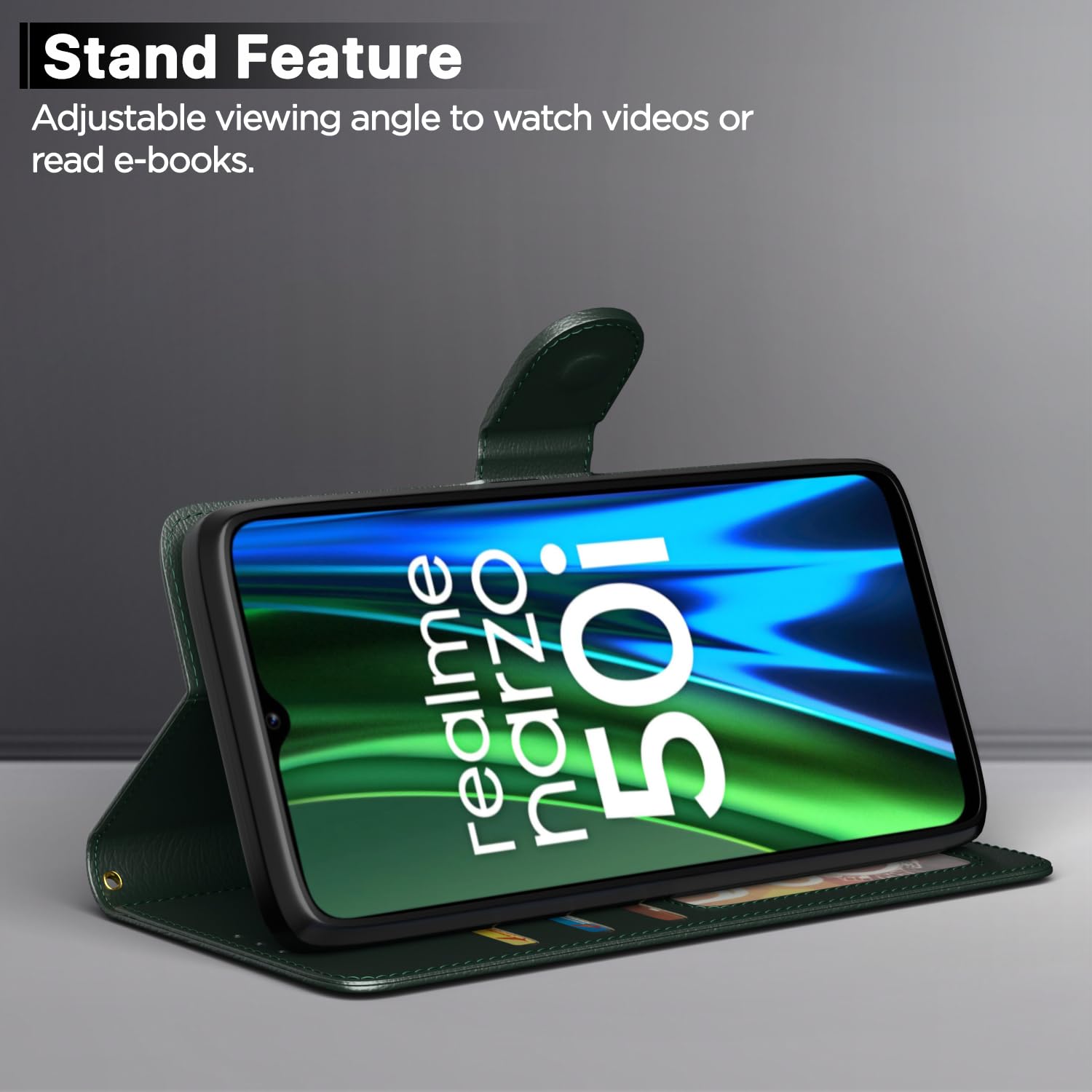 Realme Narzo 50i Wallet flip case in green by Pikkme – photo 3