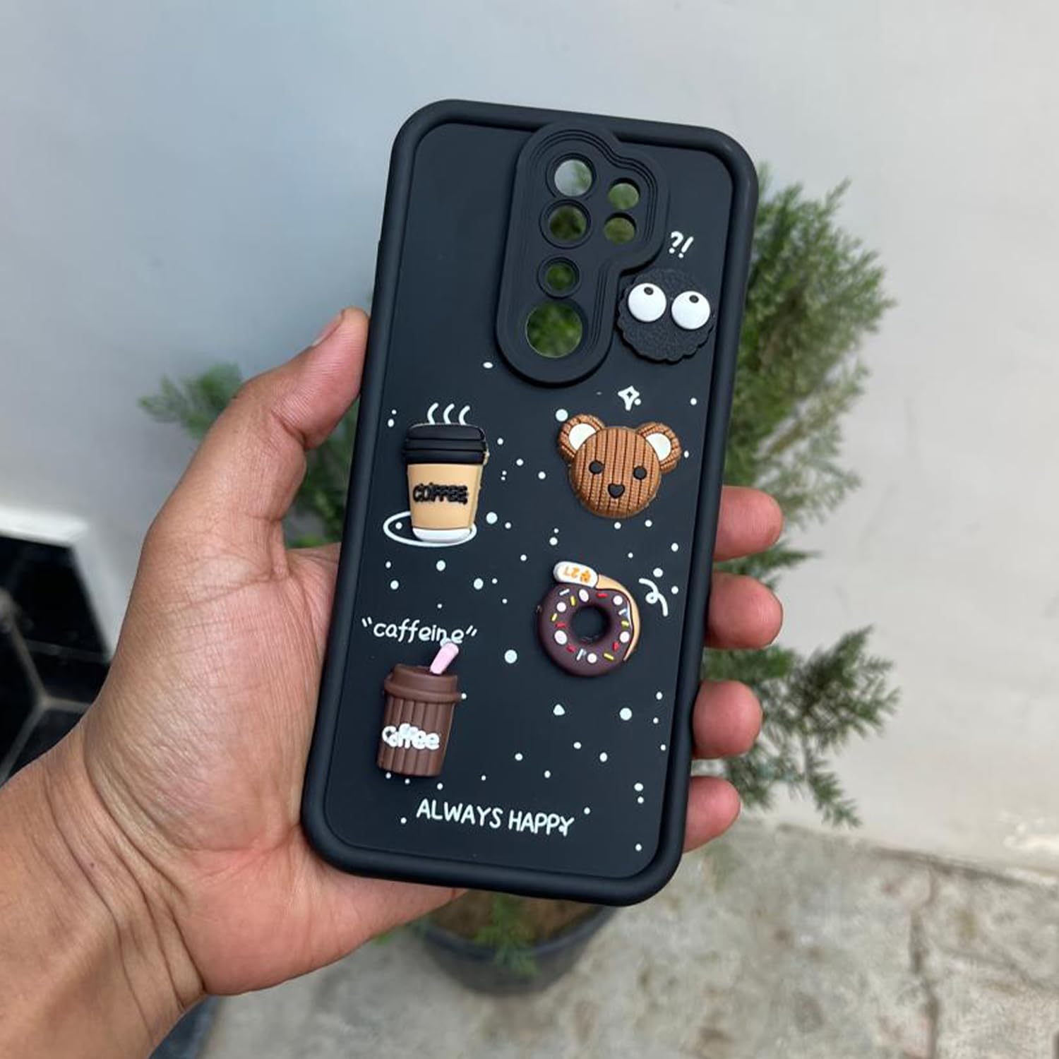 Pikkme Redmi Note 8 Pro Cute Fun Cartoon 3D Bear Coffee Back Cover (Black)
