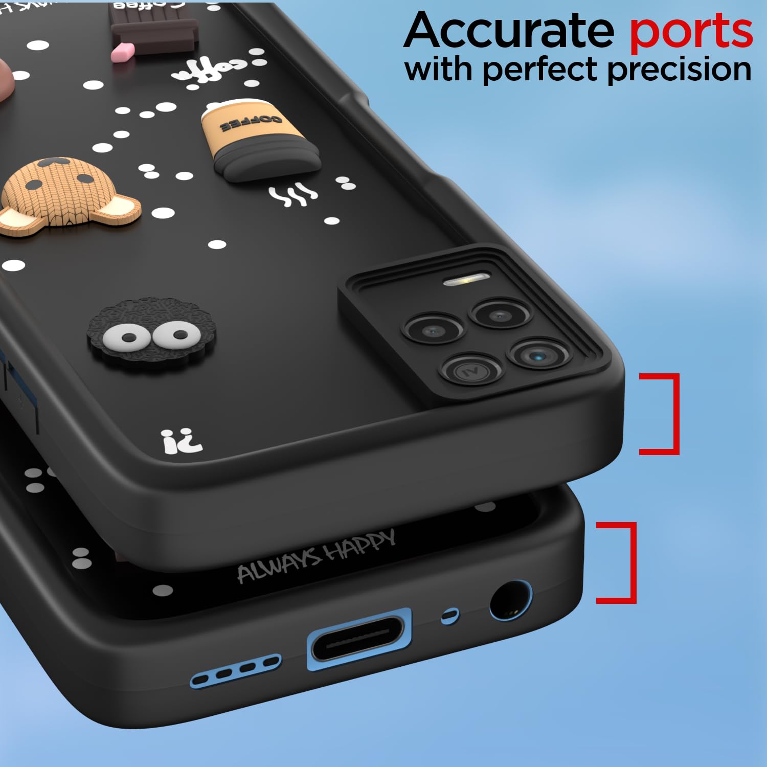 Pikkme Realme 8 4G / 8 Pro Cute Fun Cartoon 3D Bear Coffee Back Cover (Black)