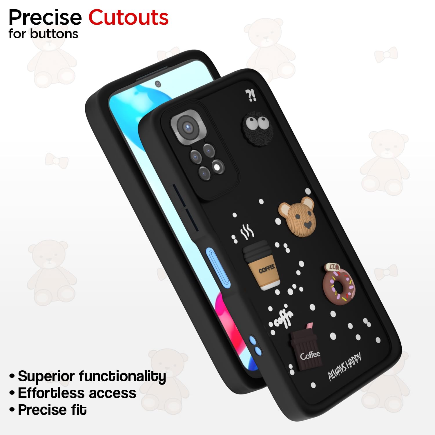 Pikkme Redmi Note 11 / Note 11s Cute Fun Cartoon 3D Bear Coffee Back Cover (Black)