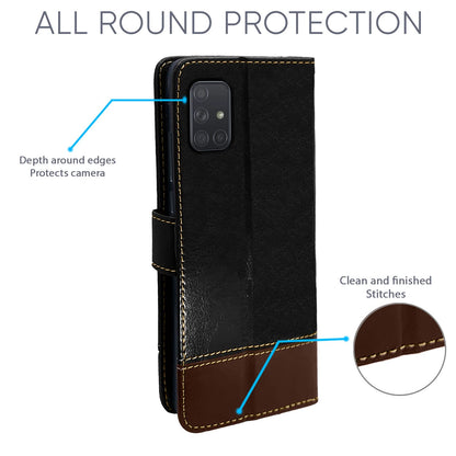 Pikkme Samsung Galaxy A71 Contrast Premium Leather Magnetic Flip Cover (Black & Brown)