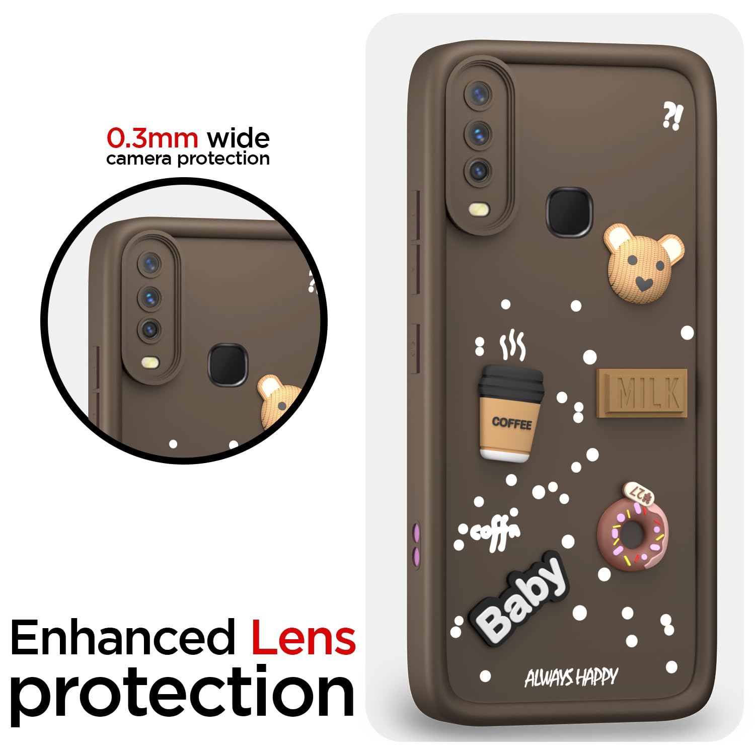 Pikkme Y12 / Y15 / Y17 / U10 Cute Fun Cartoon 3D Bear Coffee  Back Cover (Brown)
