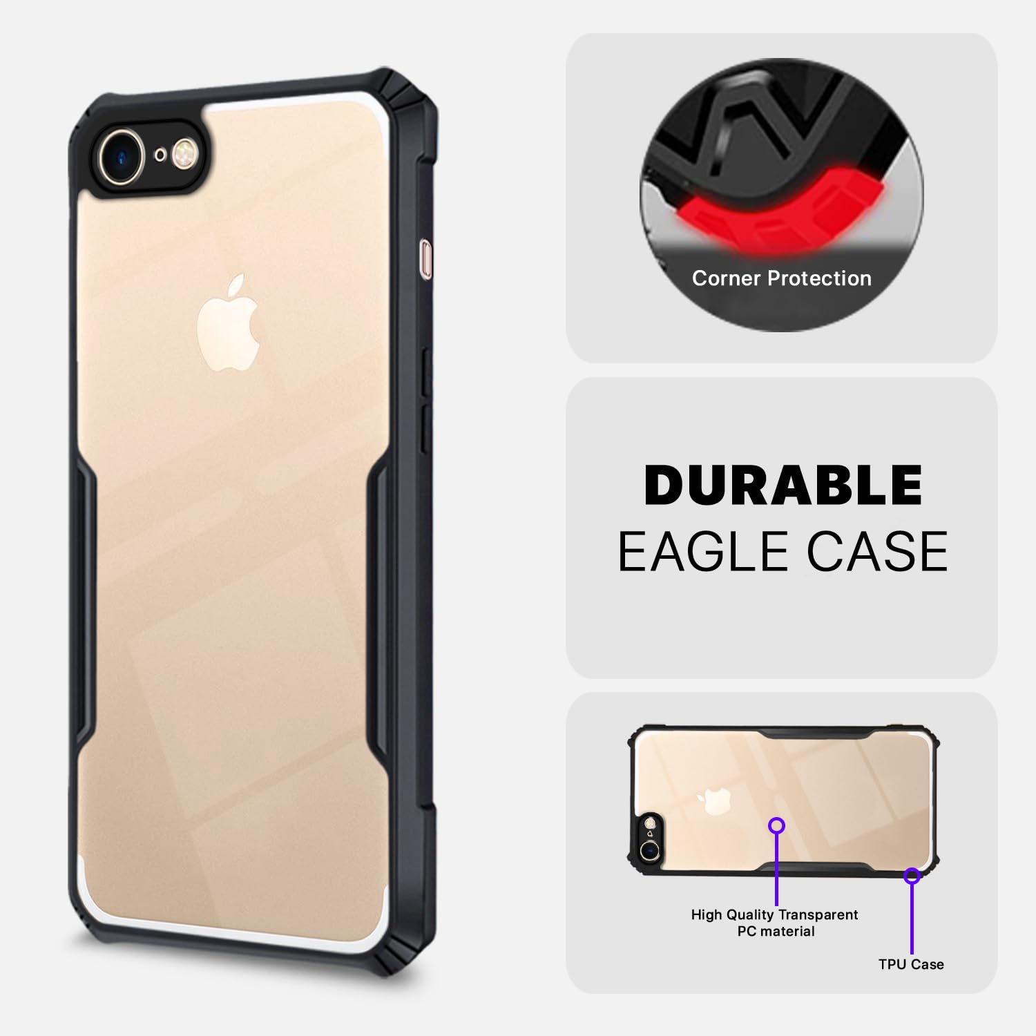 Pikkme iPhone 7/8 Shockproof Eagle Clear Transparent Back Cover (Black)