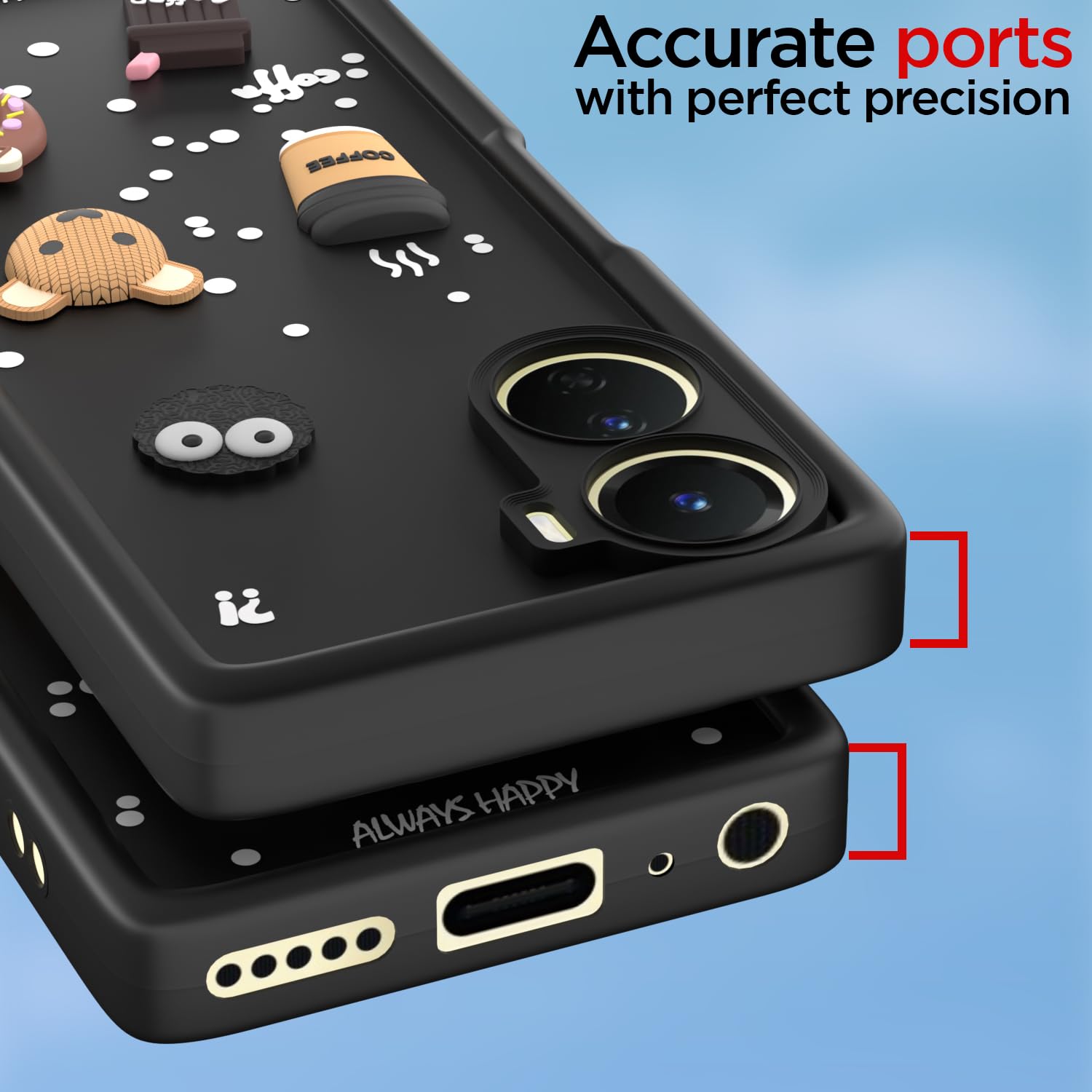 Pikkme Vivo Y16 / T2x / Y56 Cute Fun Cartoon 3D Bear Coffee Back Cover (Black)
