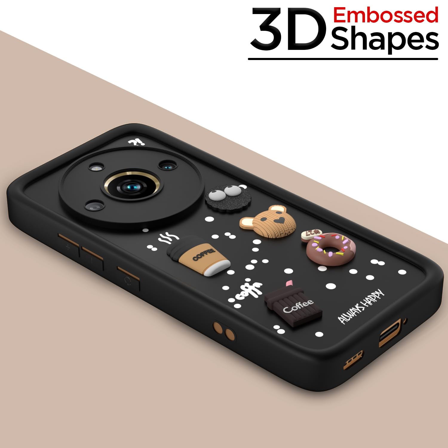 Pikkme Realme 11 Pro / 11 Pro Plus 5G / Narzo 60 Pro 5G Cute Fun Cartoon 3D Bear Coffee Back Cover (Black)