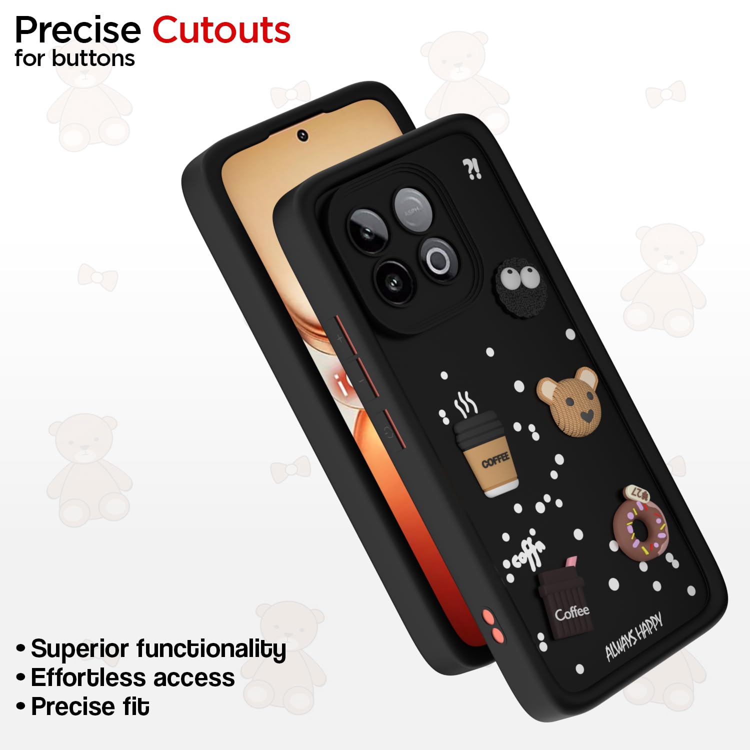 Pikkme iQOO Neo 10 5G / Vivo Y300 GT 5G Cute Fun Cartoon 3D Bear Coffee Back Cover (Black)