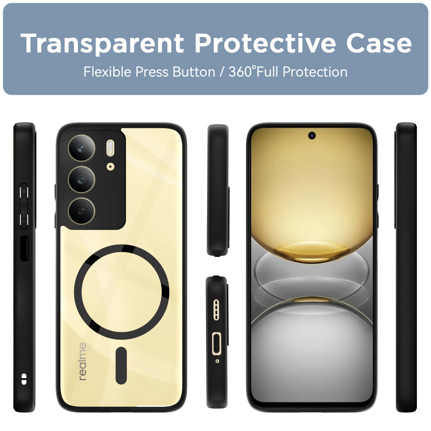 Pikkme Realme C71 Eagle 2 Mag-Safe Shockproof Hard Transparent Back Cover (Black)